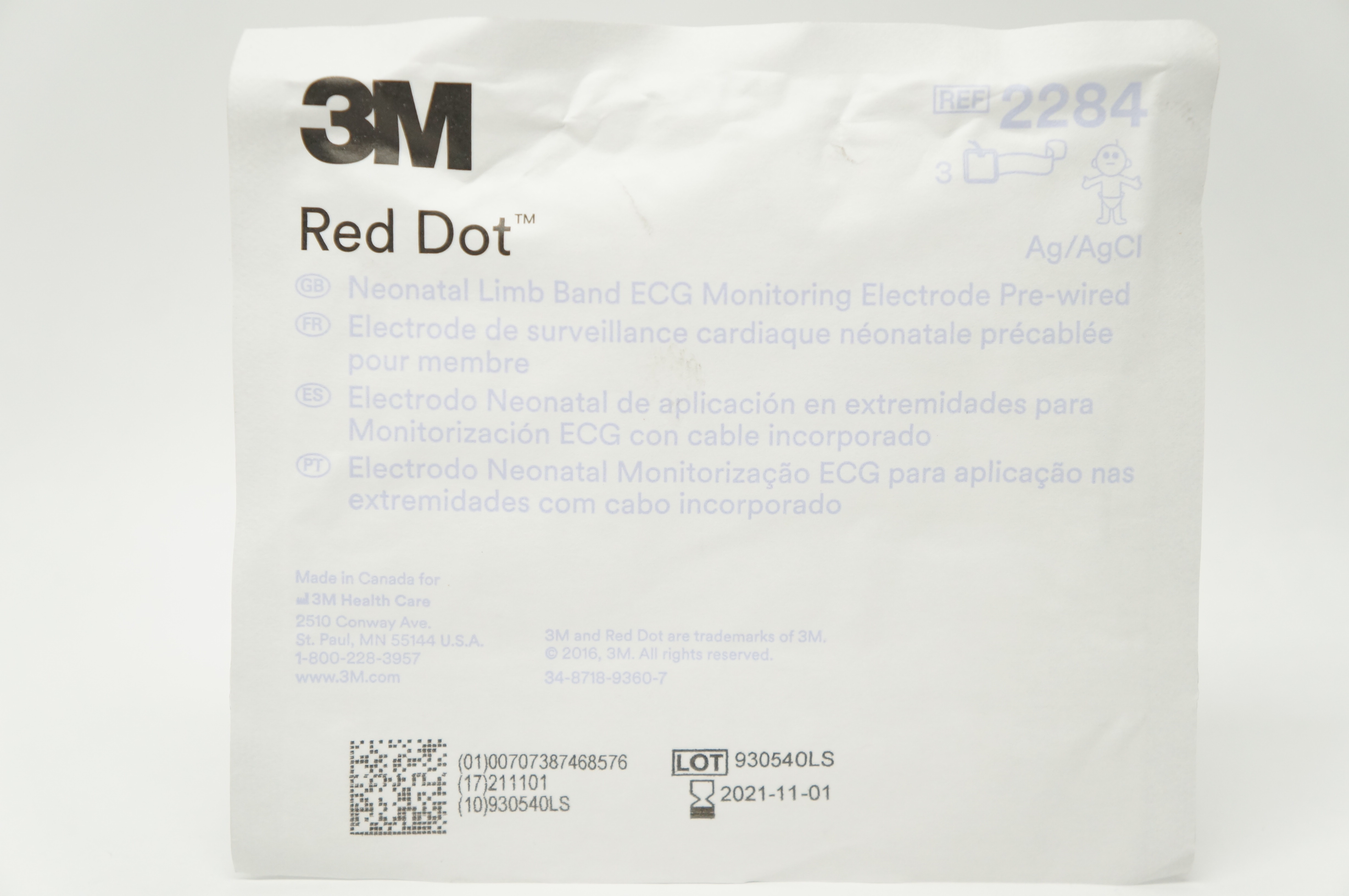 3M 2284 Red Dot Neonatal Limb Band ECG Monitoring Electrode Pre-Wired (x)