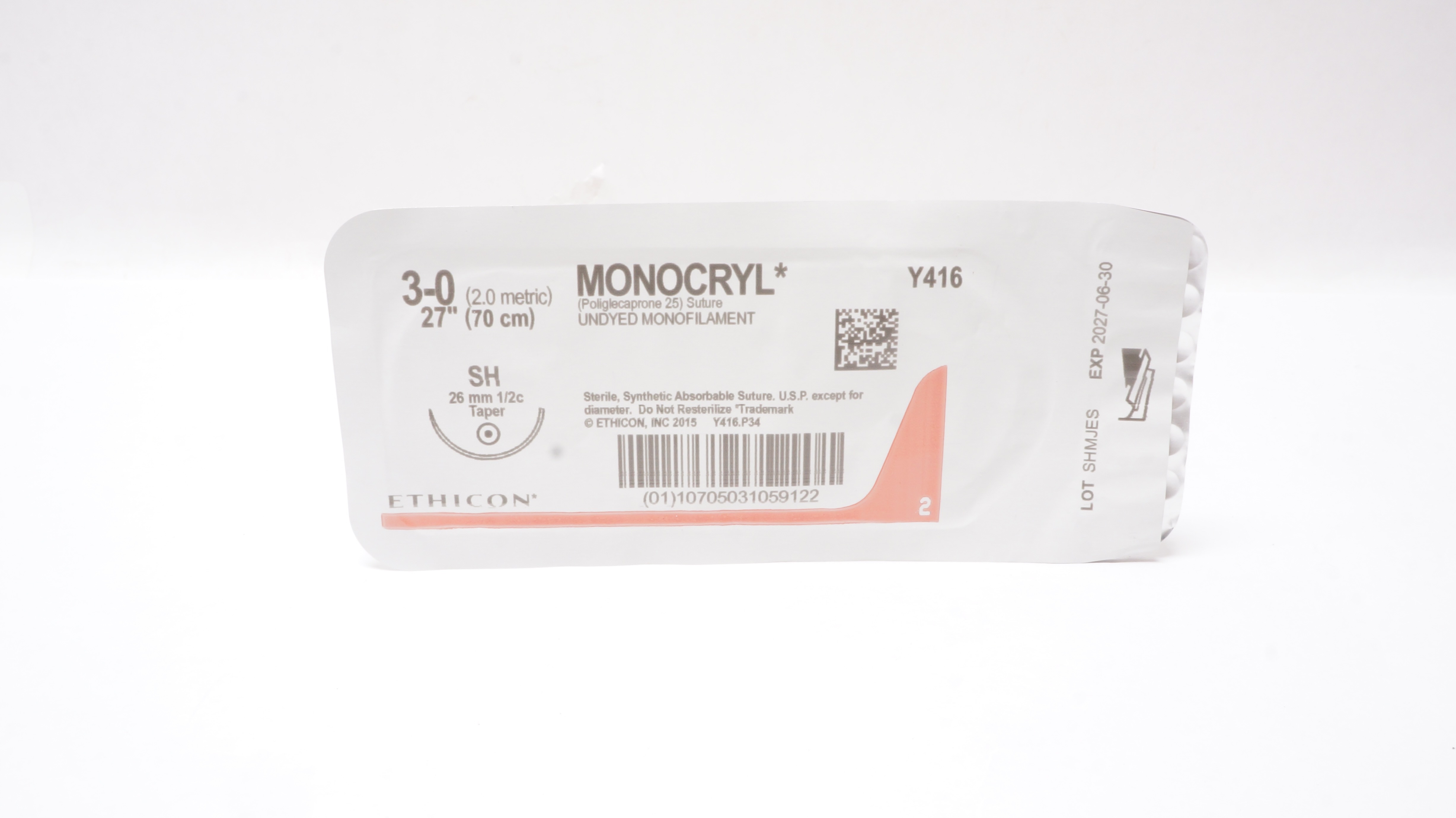 Ethicon Y416 3-0 Monocryl Undyed Monofilament, SH, 26mm 1/2c Taper, 27inch