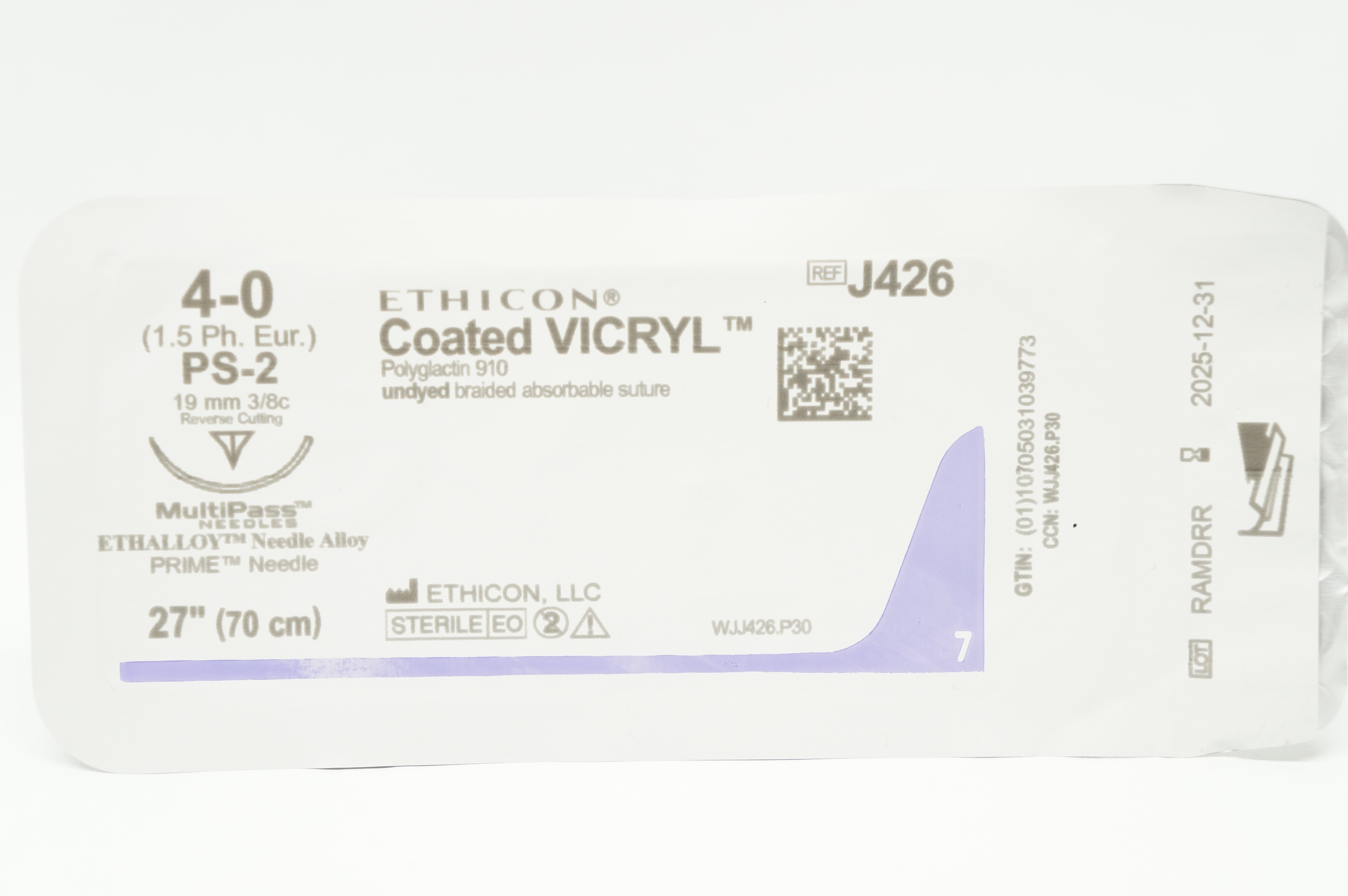 Ethicon J426 4-0 Coated VICRYL, PS-2, 19mm 3/8c Reverse Cutting, 27inch