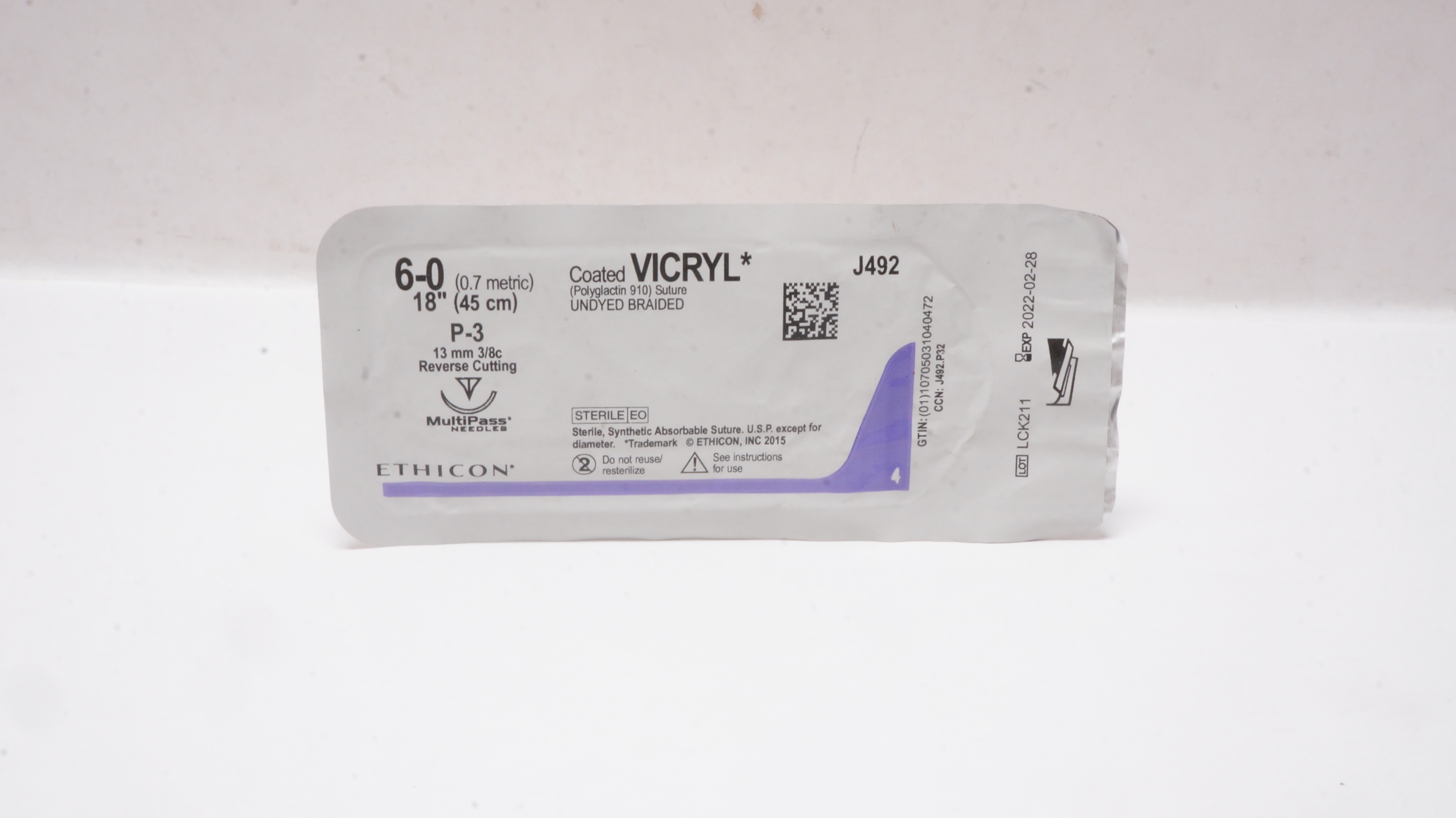 Ethicon J492 6-0 Coated Vicryl Stre P-3 13mm 3/8c Reverse Cutting 18inch (x)