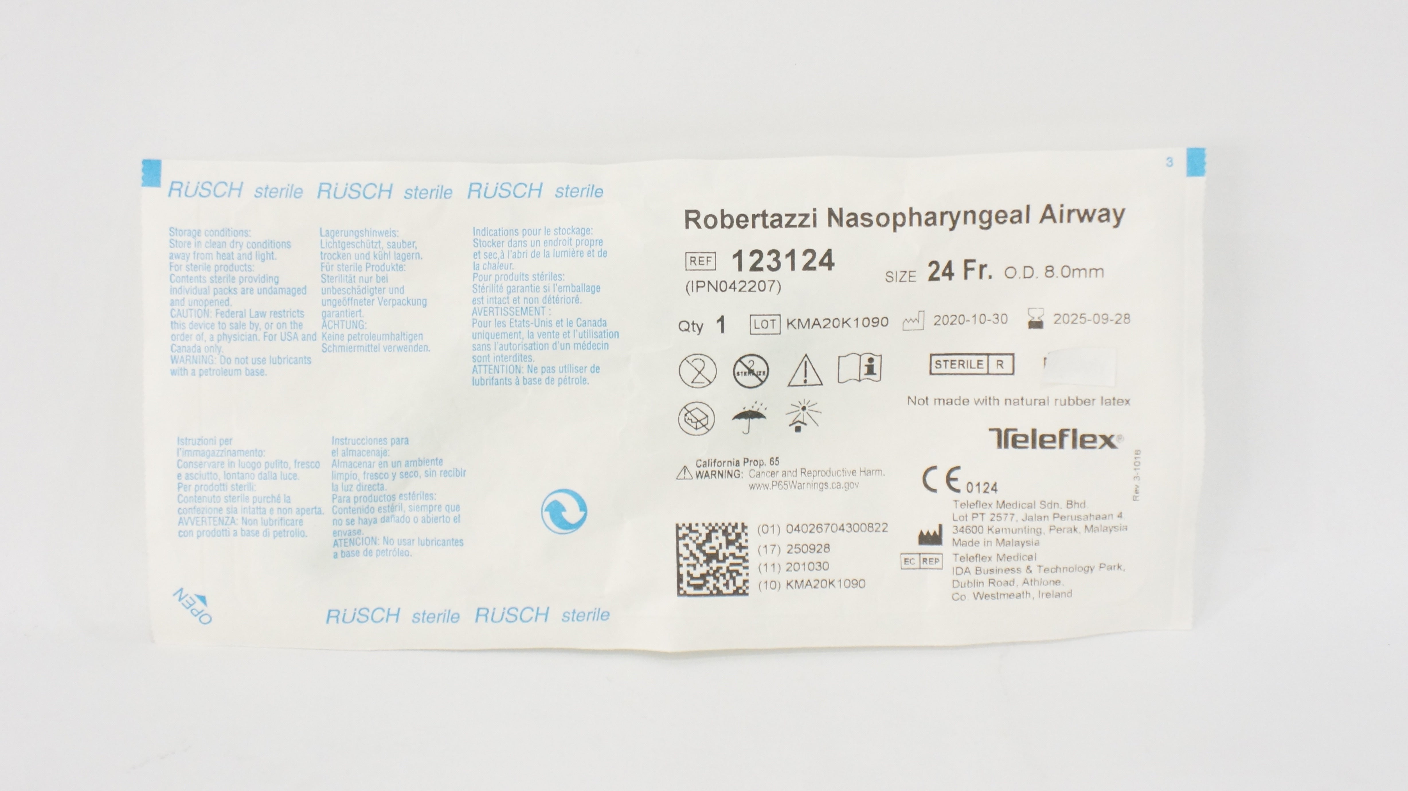 Teleflex 123124 Rusch Robertazzi Nasopharyngeal Airway 24Fr x 0.8mm O.D.