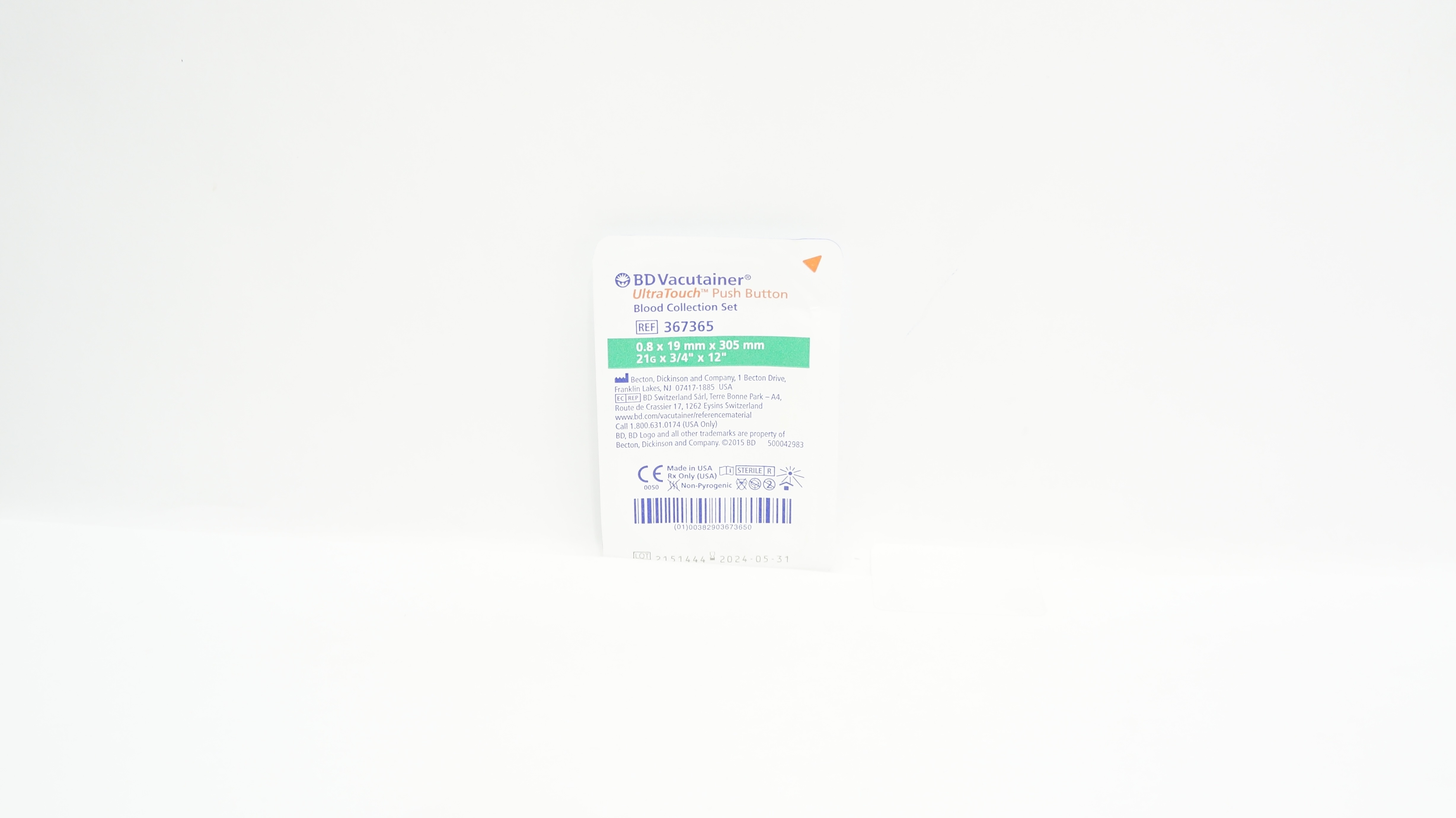 BD 367365 Vacutainer Push Button Blood Collection Set 21G x 3/4in. x 12in.