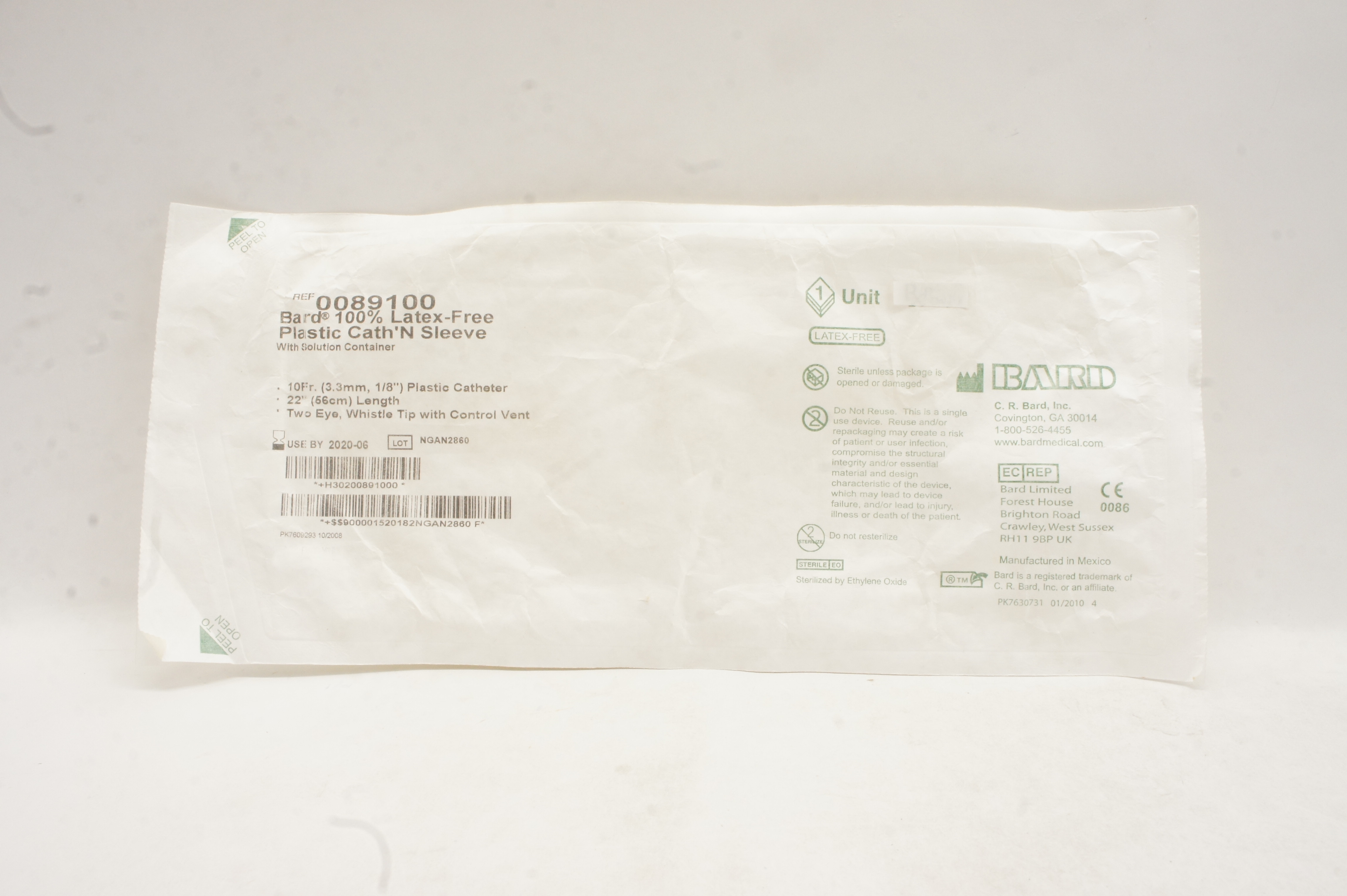 Bard 0089100 Plastic Cath'N Sleeve With Solution Container 10Fr x 22 inch (x)