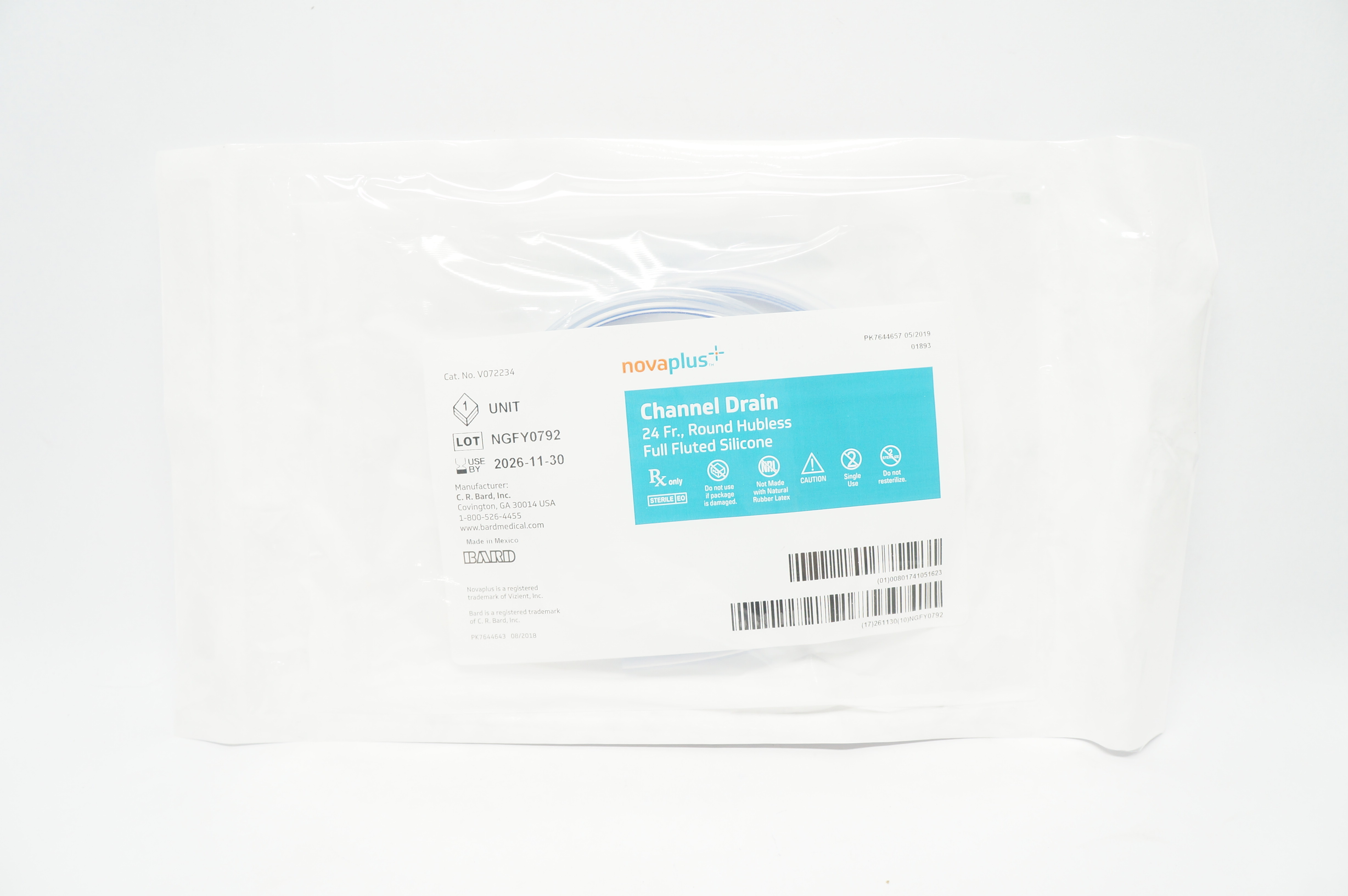 Bard V072234 Novaplus Channel Drain, 24Fr Round Hubless Full Fluted Silicone