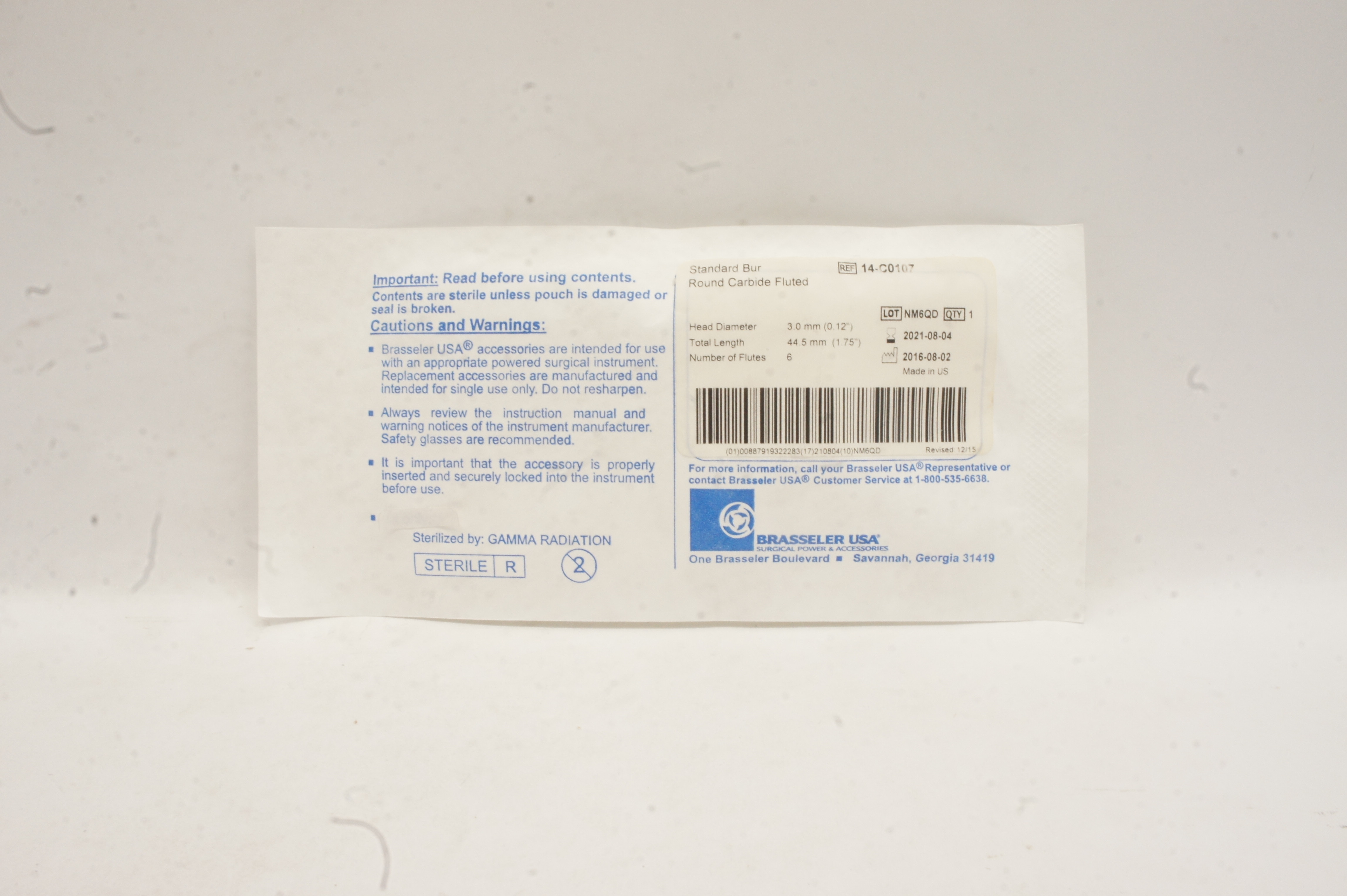 Brasseler 14-C0107 Standard Bur Round Carbide Fluted 0.12x1.75in.