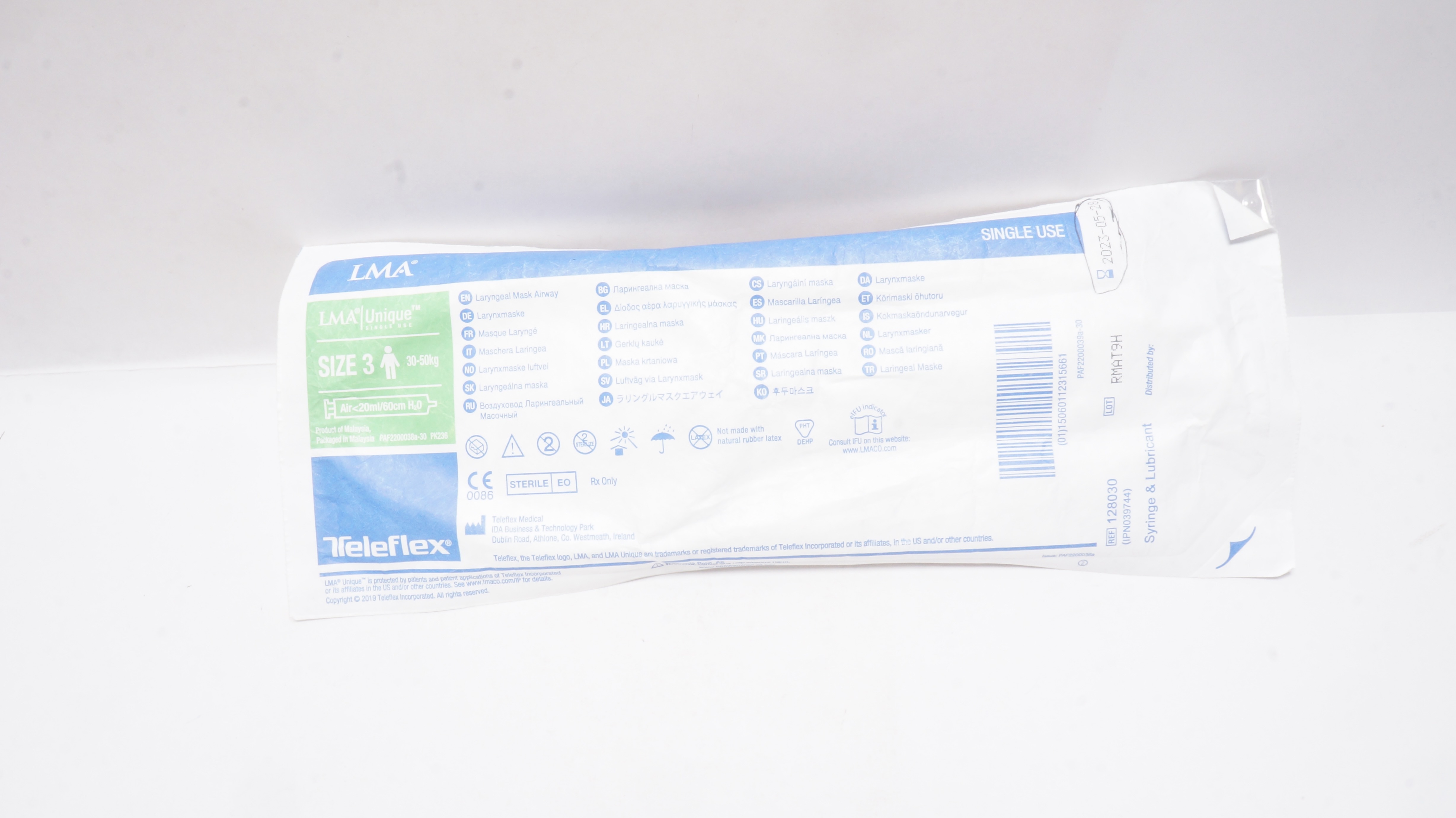 Teleflex 128030 LMA Unique Laryngeal Mask Airway, Size 3 30-50kg, <20ml/60cm (x)