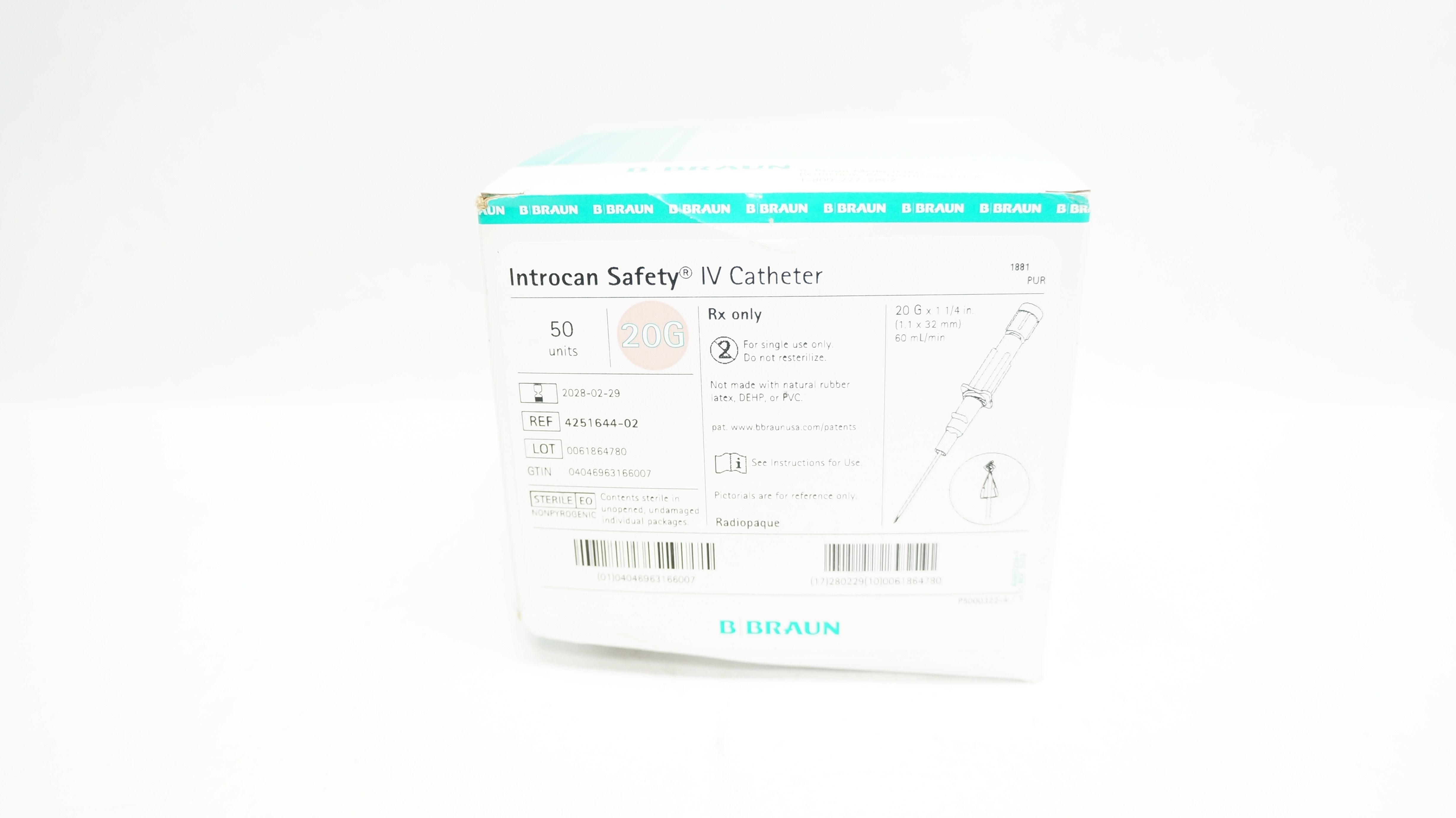 Braun 4251644-02 Introcan Safety IV Cath. 20G x 1-1/4inch 60mL/min - Box of 50