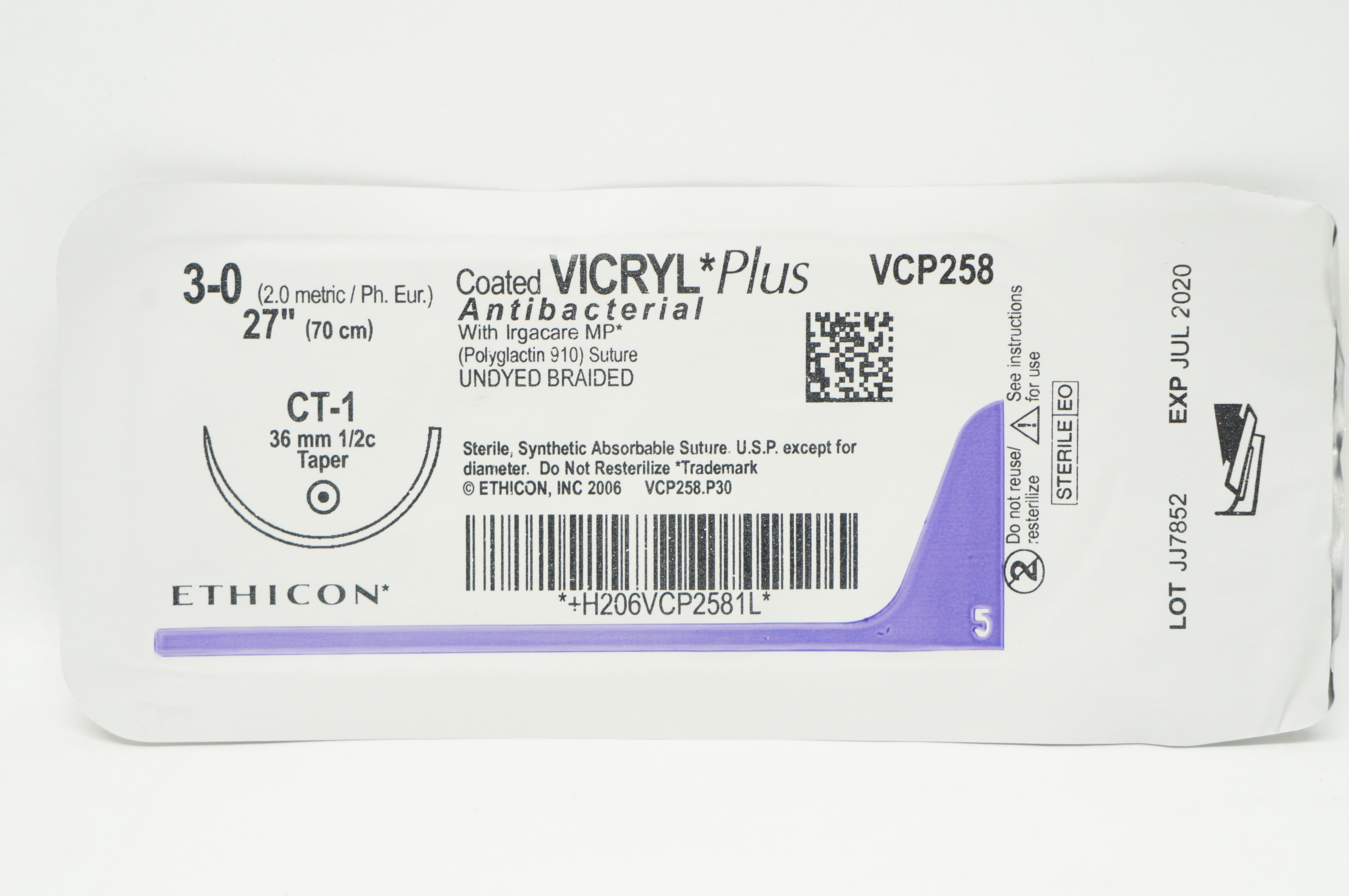 Ethicon VCP258 3-0 Coated VICRYL Plus Stre CT-1 36mm 1/2c Taper 27inch (x)