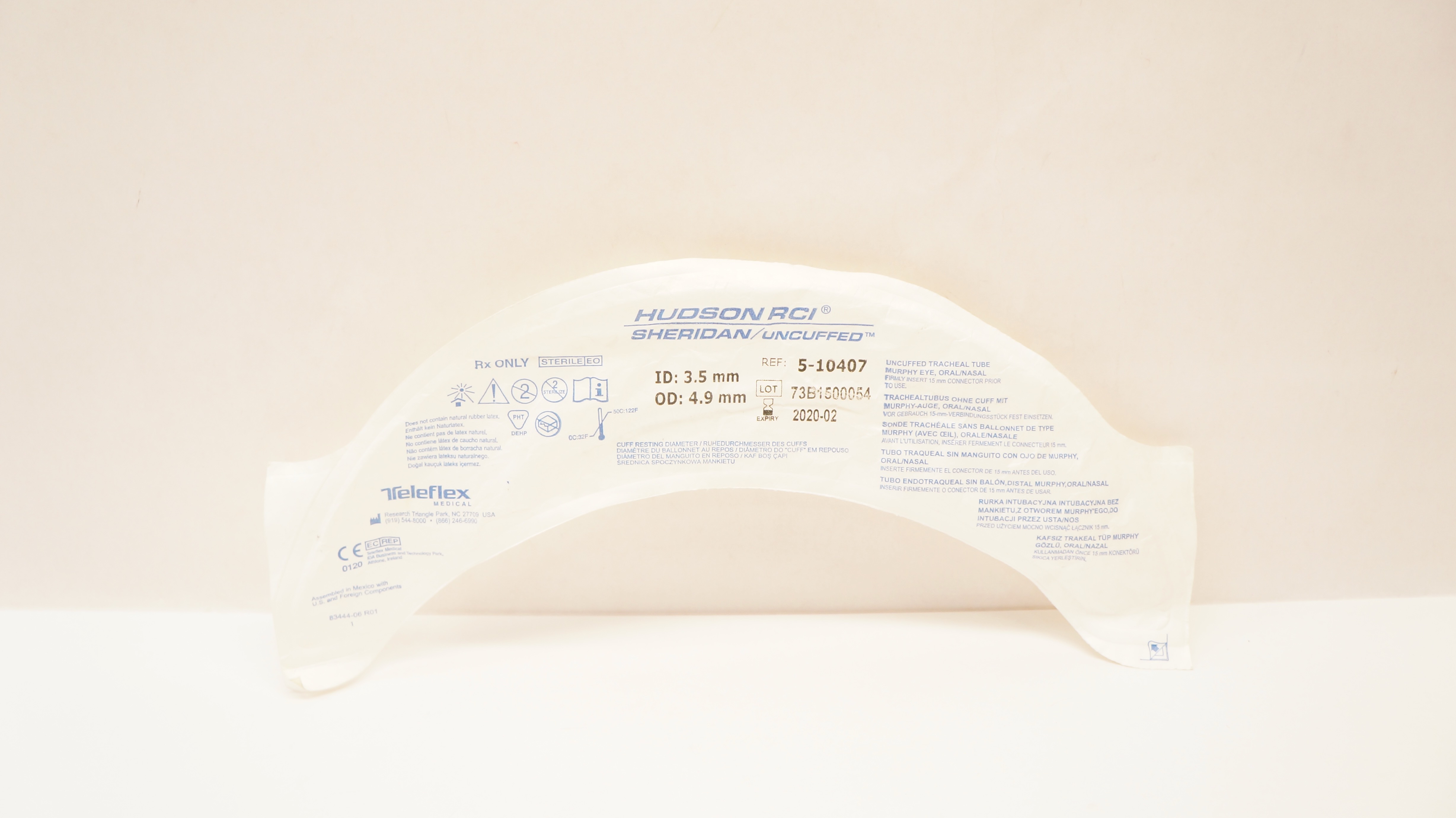 Teleflex 5-10407 Hudson RCI Sheridan Tracheal Tube Uncuffed 3.5 ID x 4.9mm OD(x)