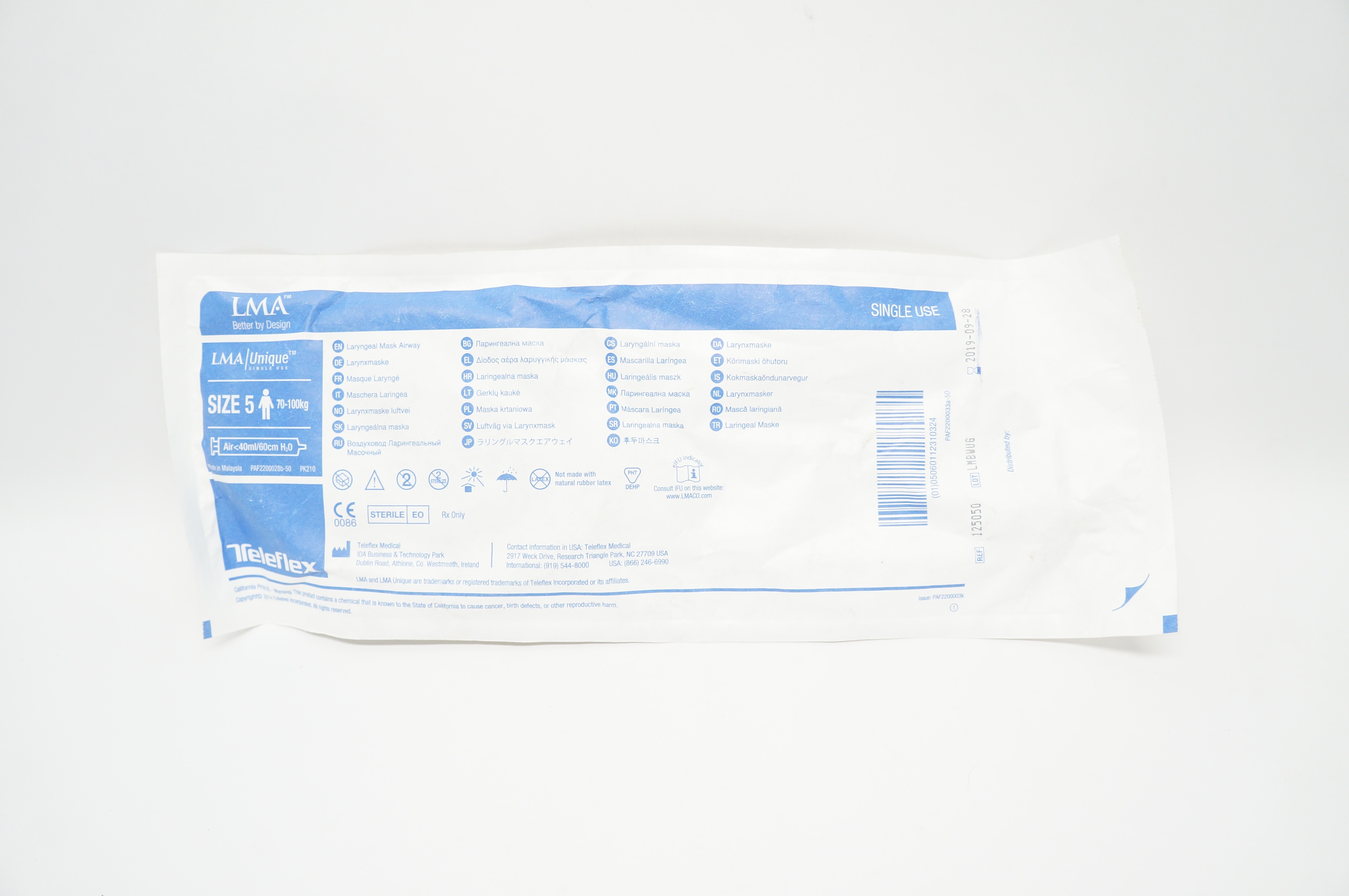 Teleflex 125050 LMA Unique Laryngeal Mask Airway Size 5 70-100kg (x)