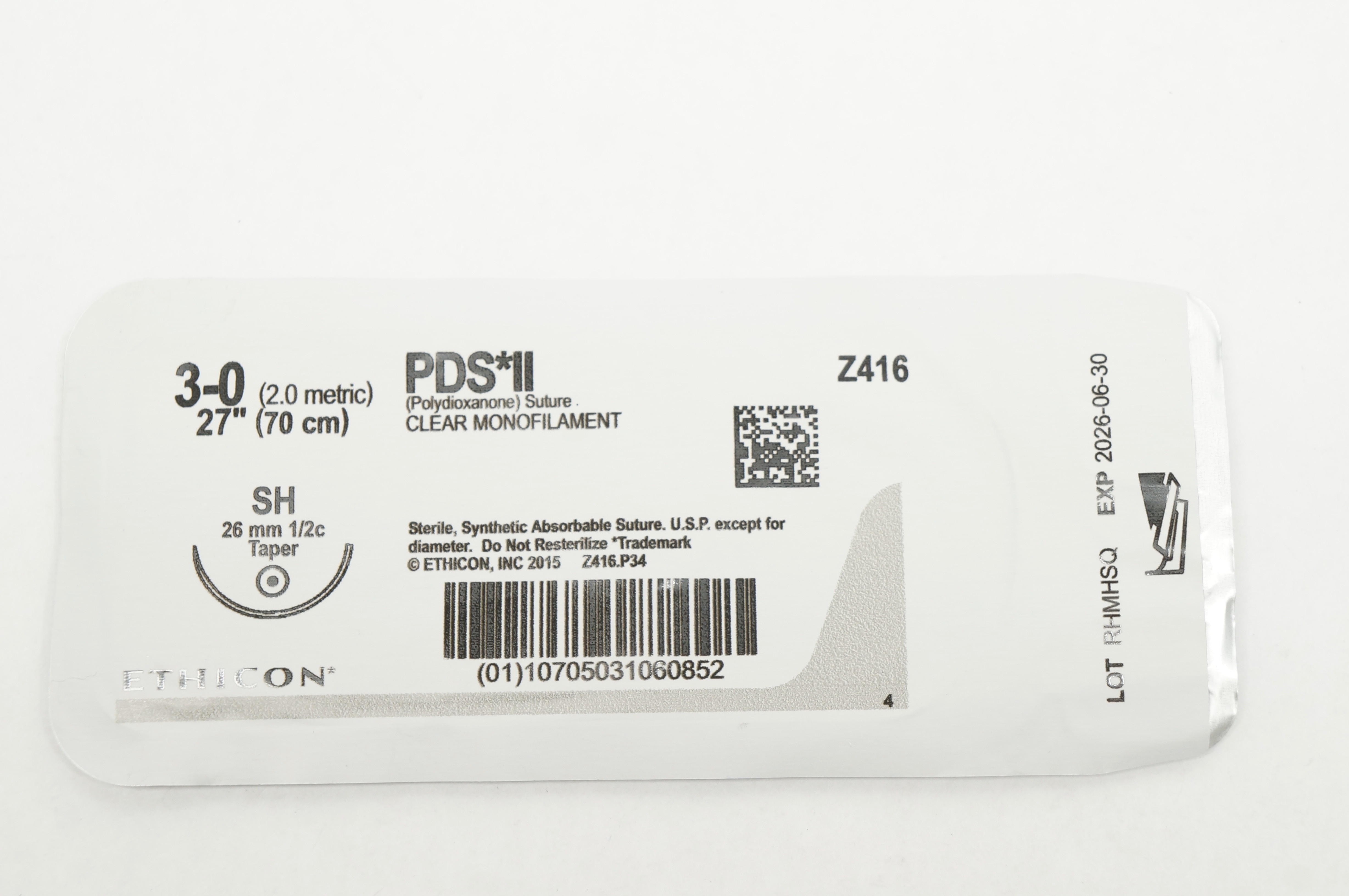 Ethicon Z416 3-0 PDS II Polydioxanone Stre SH 26mm 1/2c Taper, 27inch