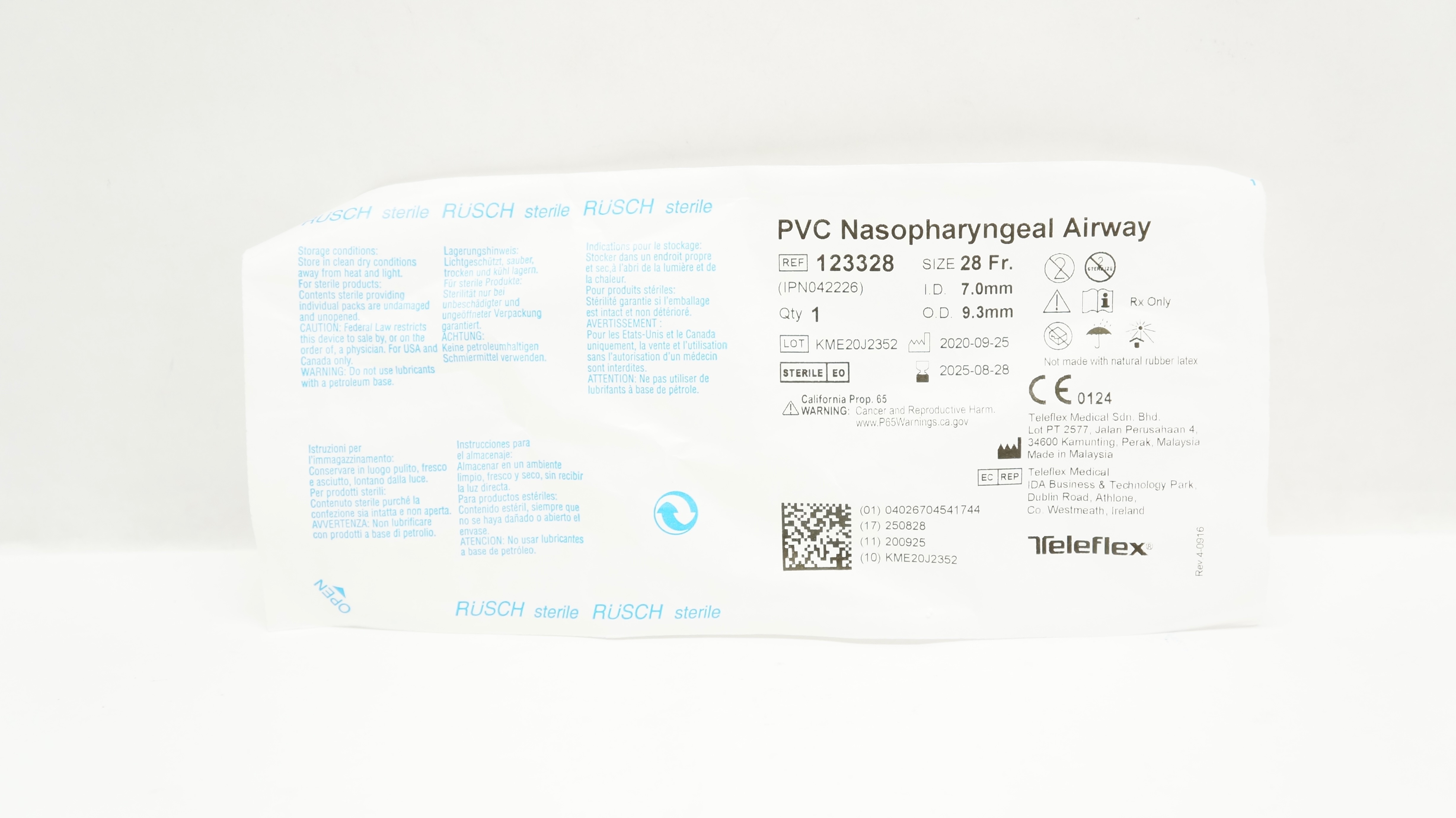 Teleflex 123328 RUSCH PVC Nasopharyngeal Airway 28Fr. x 7.0mm ID x 9.3mm OD