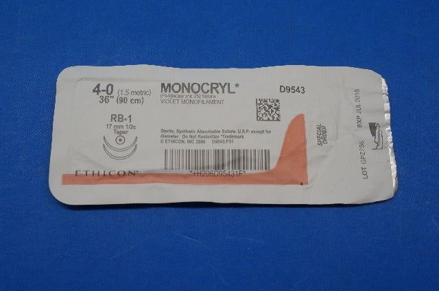Ethicon D9543 MONOCRYL, RB-1 17mm 1/2c Taper, Violet Monofilament, 36