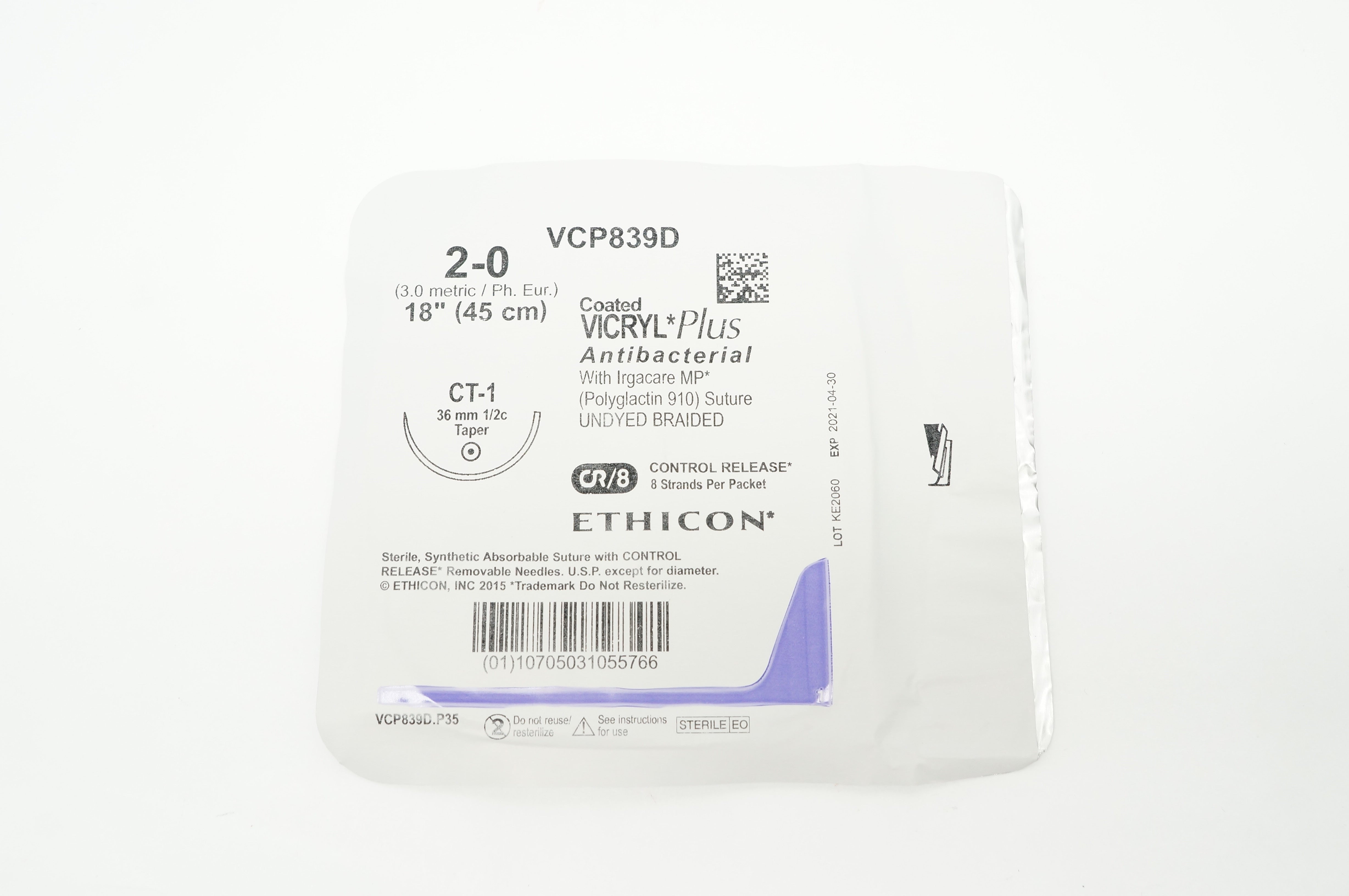 Ethicon VCP839D 2-0 Coated Vicryl Plus CT-1 36mm 1/2 Taper 18inch - Pack of 8(x)