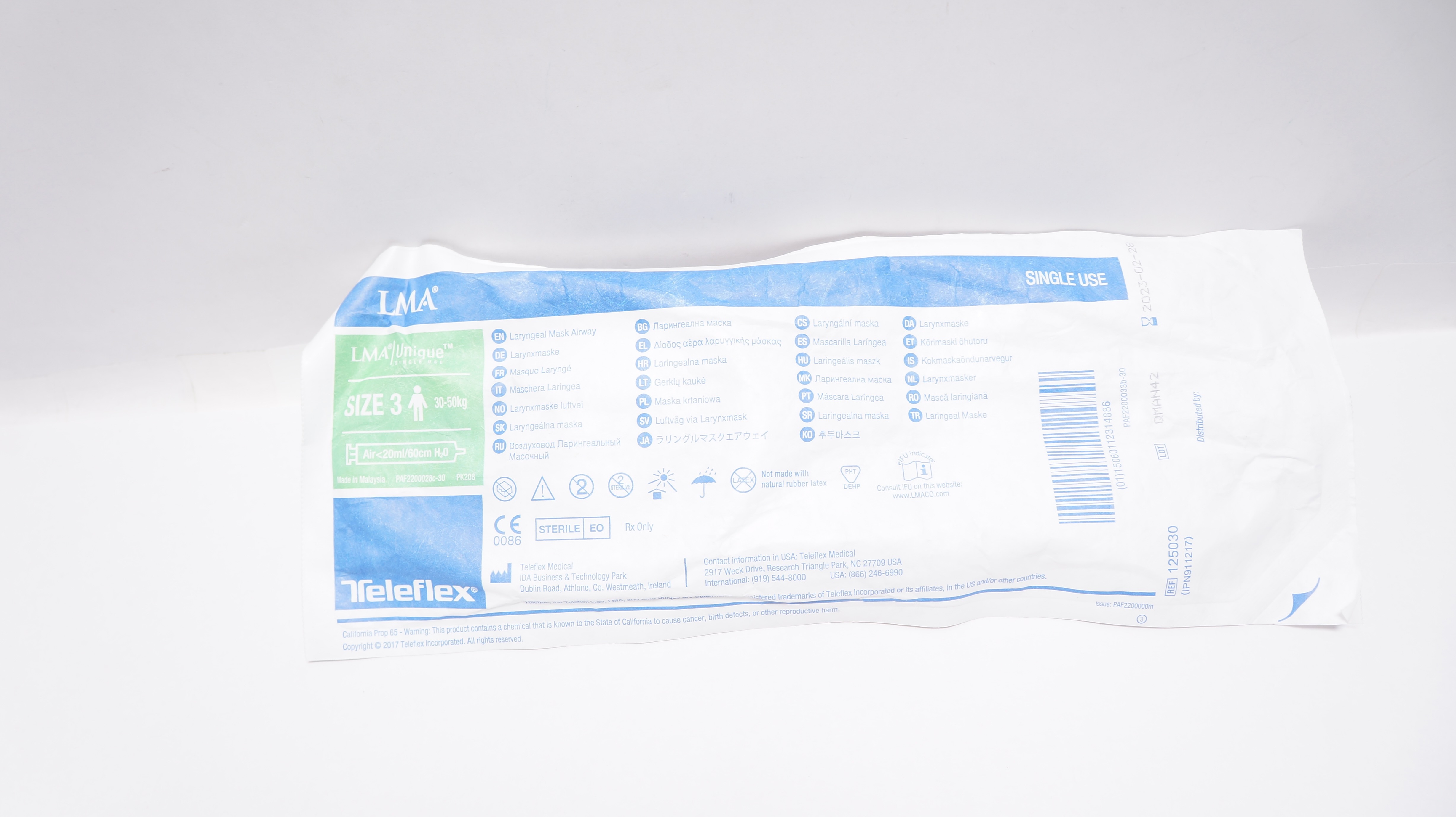 Teleflex 125030 LMA Unique Laryngeal Mask Airway Size 3, 30-50kg (x)