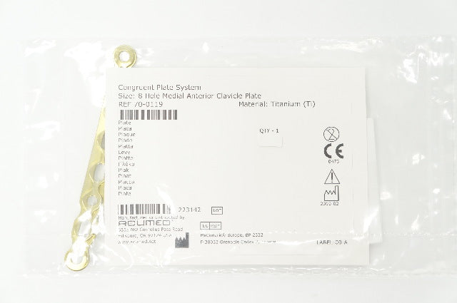 Acumed 70-0119 Congruent Plate System 8 Hole Medial Anterior Clavicle Plate