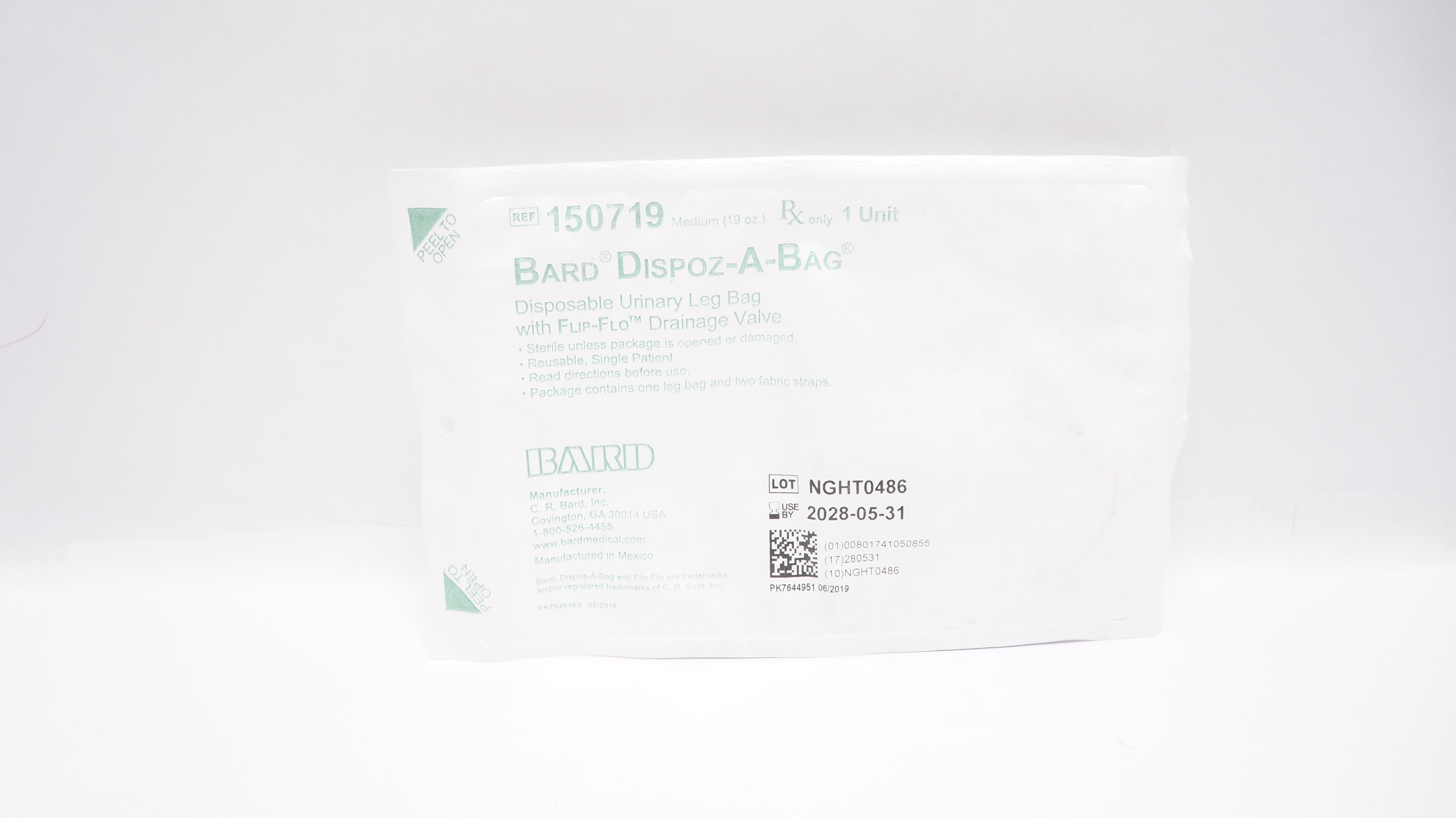 Bard 150719 Dispoz-A-Bag Disposable Urinary Leg Bag, Medium 19oz.