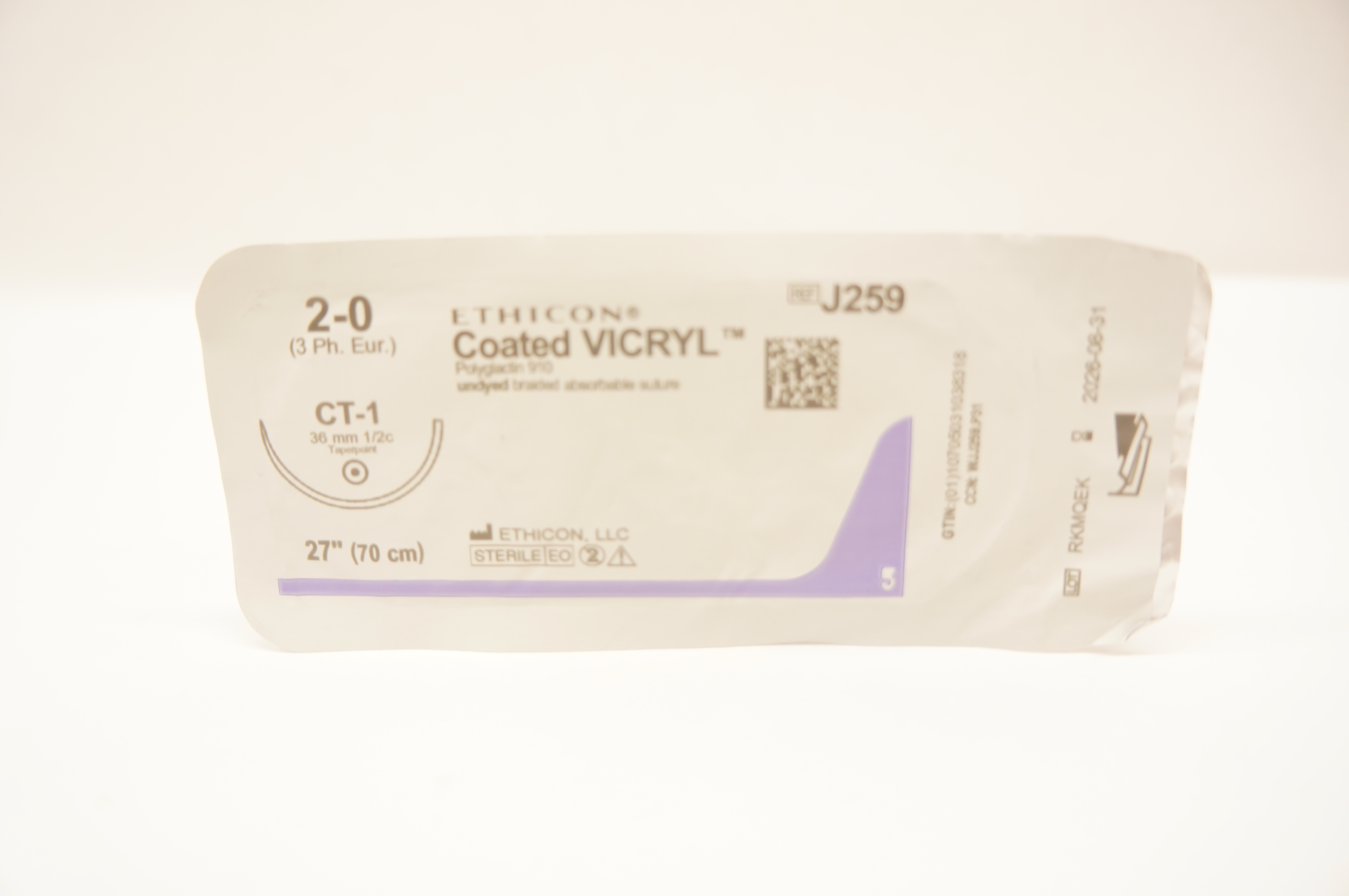 Ethicon J259 2-0 Coated VICRYL Stre CT-1 36mm 1/2c Taperpoint, 27 inch