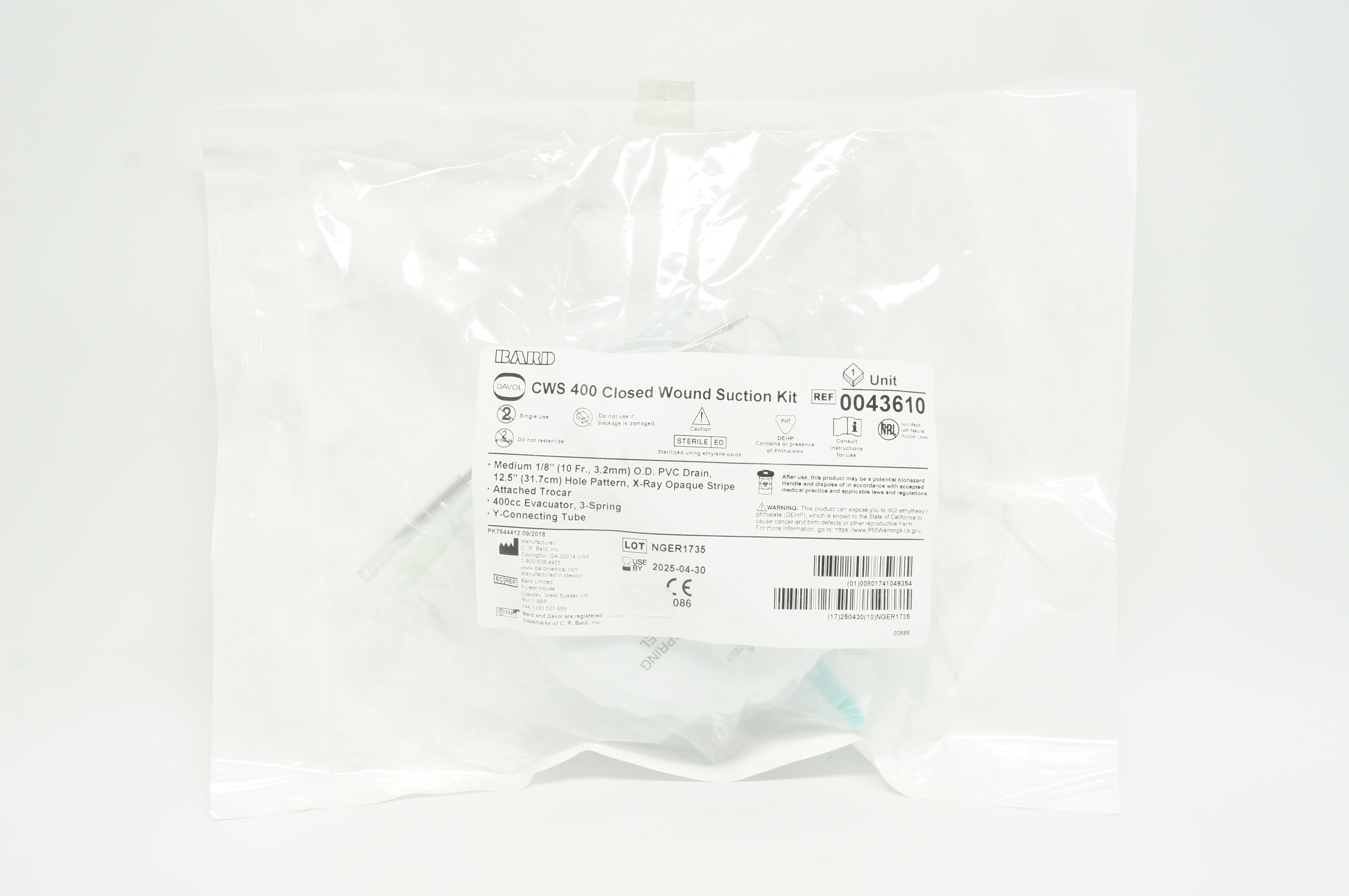 Bard 0043610 Davol CWS 400 Closed Wound Suction Kit