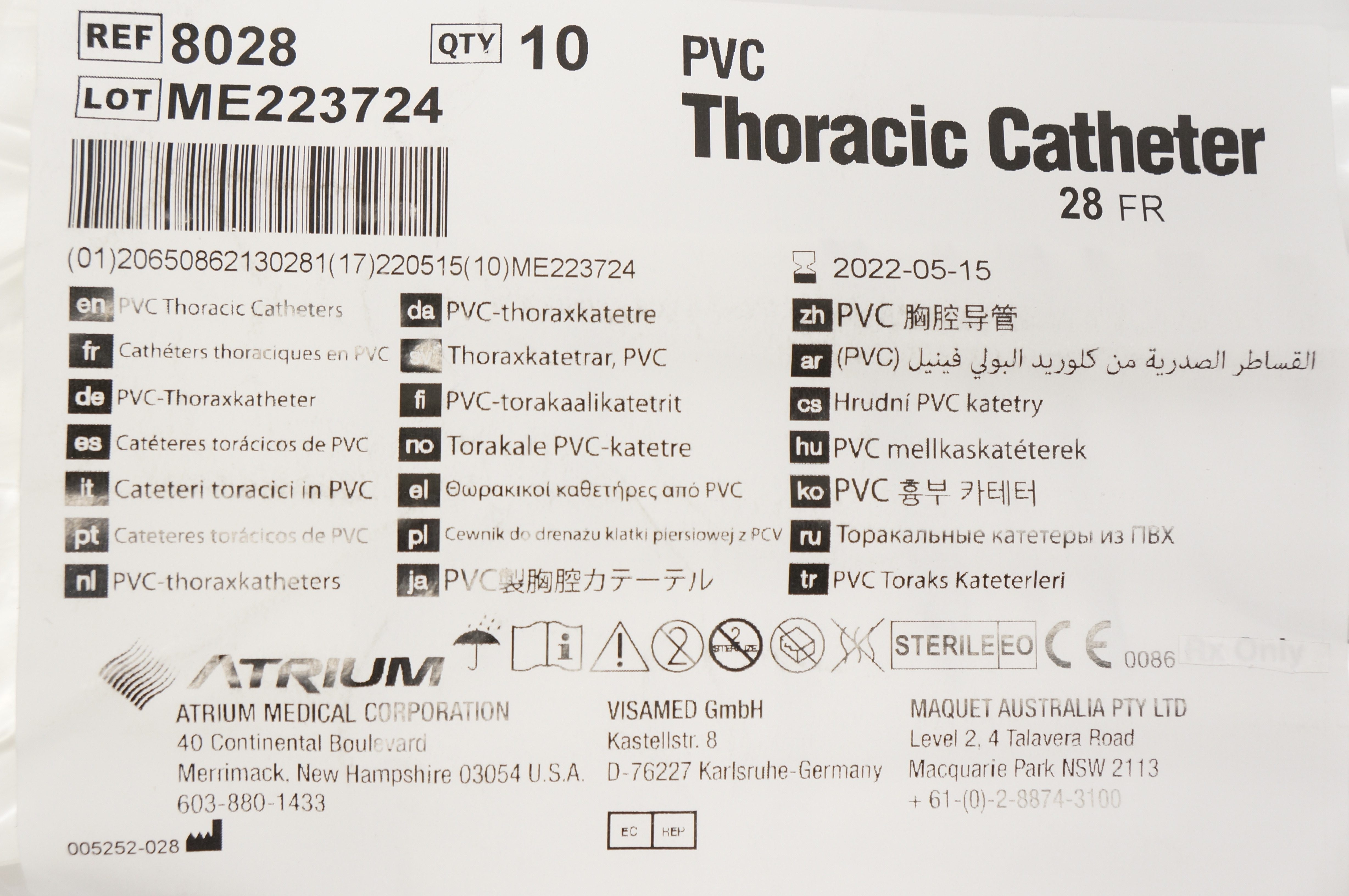 Atrium 8028  PVC Thoracic Catheter 28FR