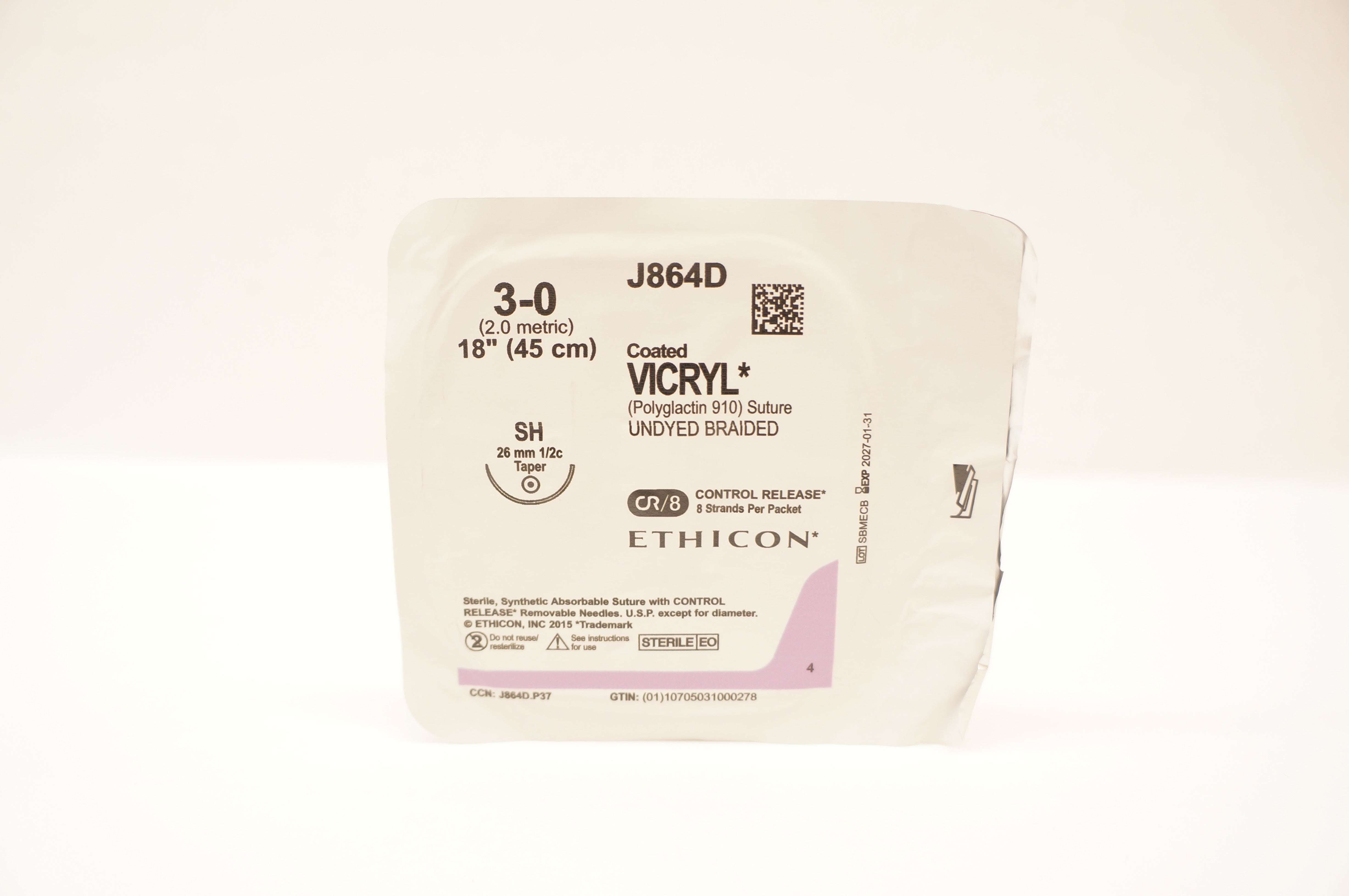 Ethicon J864D 3-0 Coated VICRYL Undyed Braided Stre SH 26mm 1/2c Taper, 18inch