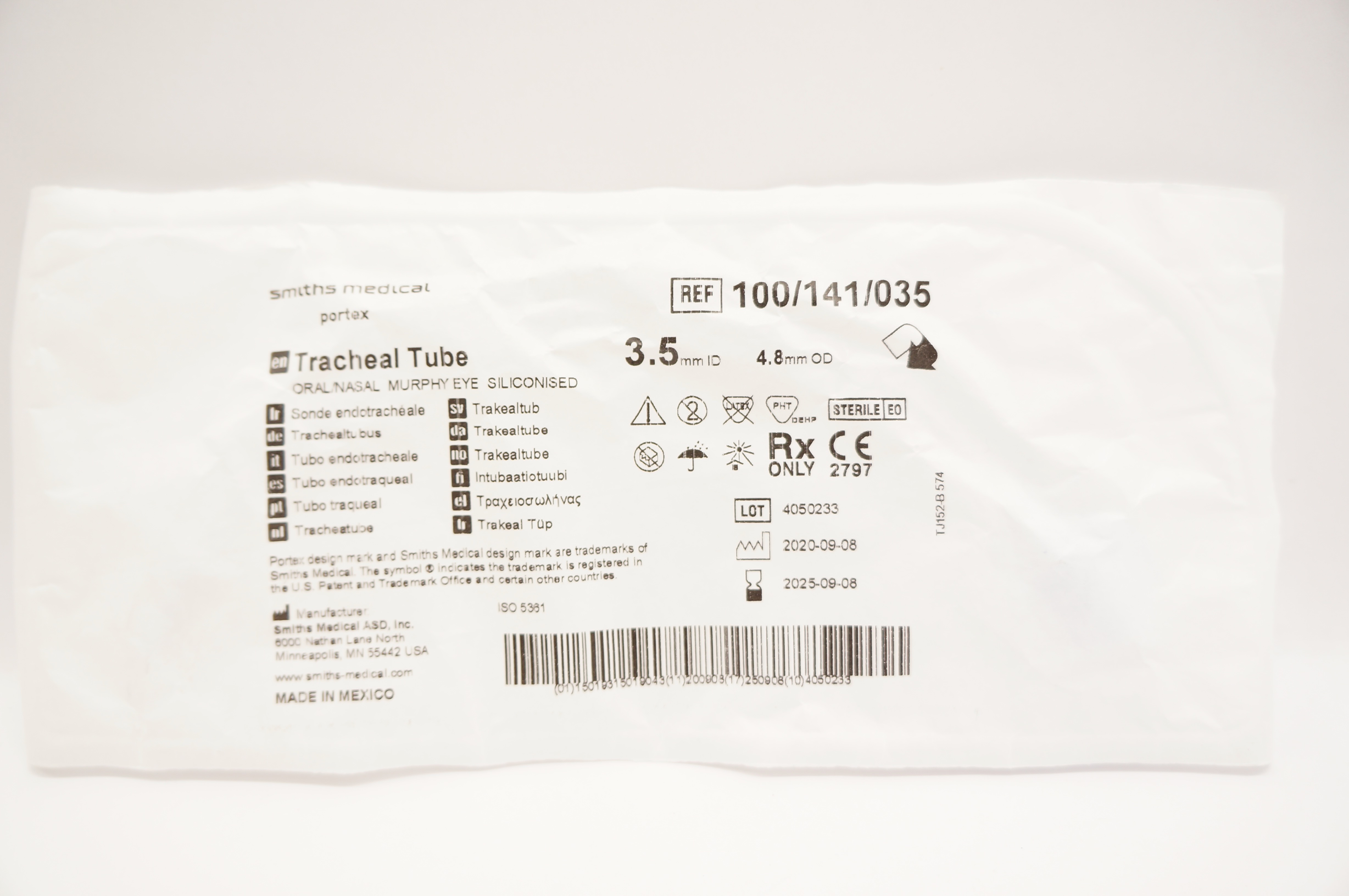 Smiths Medical 100/141/035 Portex Tracheal Tube Oral/Nasal 3.5 ID x 4.8mm OD