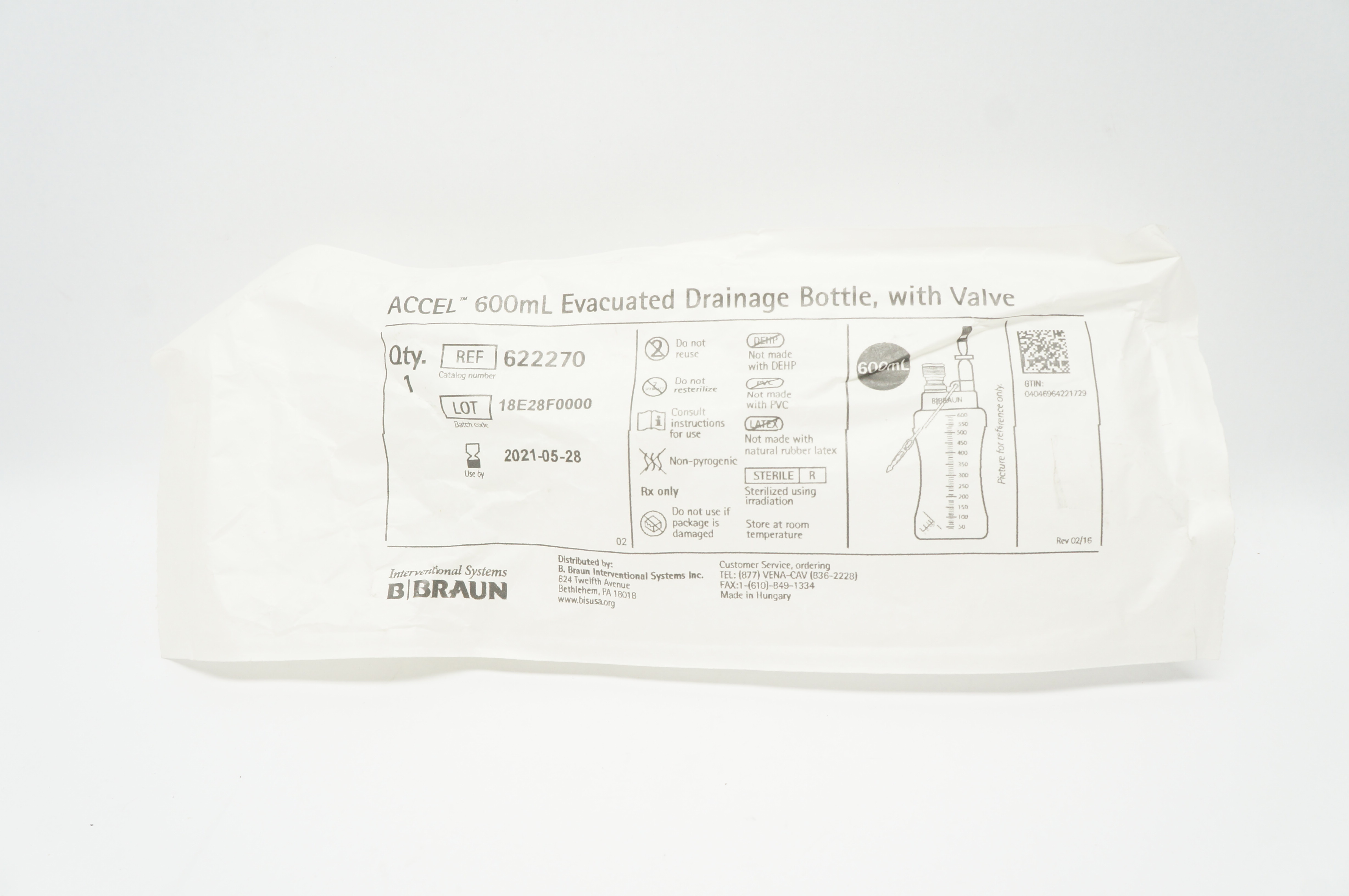 Braun 622270 ACCEL Evacuated Drainage Bottle 600mL with Valve (x)