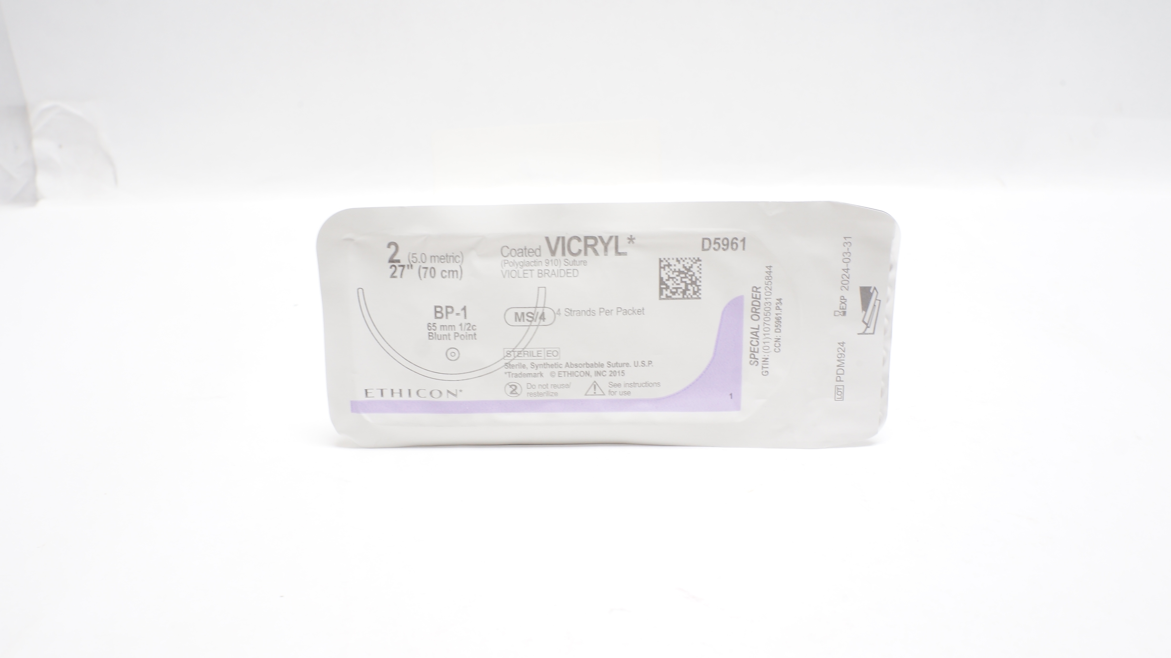 Ethicon D5961 Coated Vicryl 2 BP-1 65mm 1/2c Blunt Point MS/4 (x)