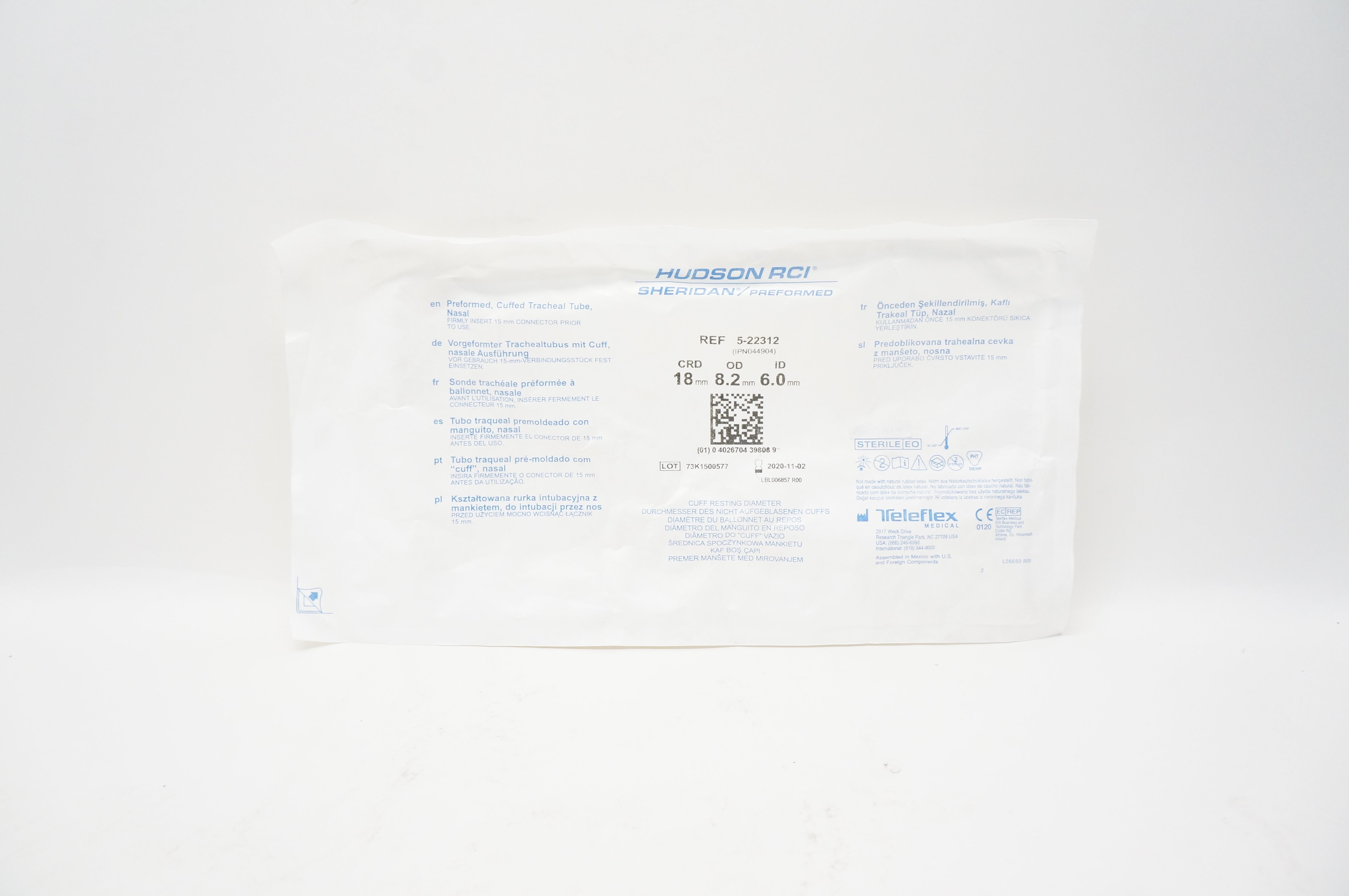 Teleflex 5-22312 Hudson RCI Cuffed Tracheal Tube, Nasal 18 x 8.2OD x 6.0IDmm (x)