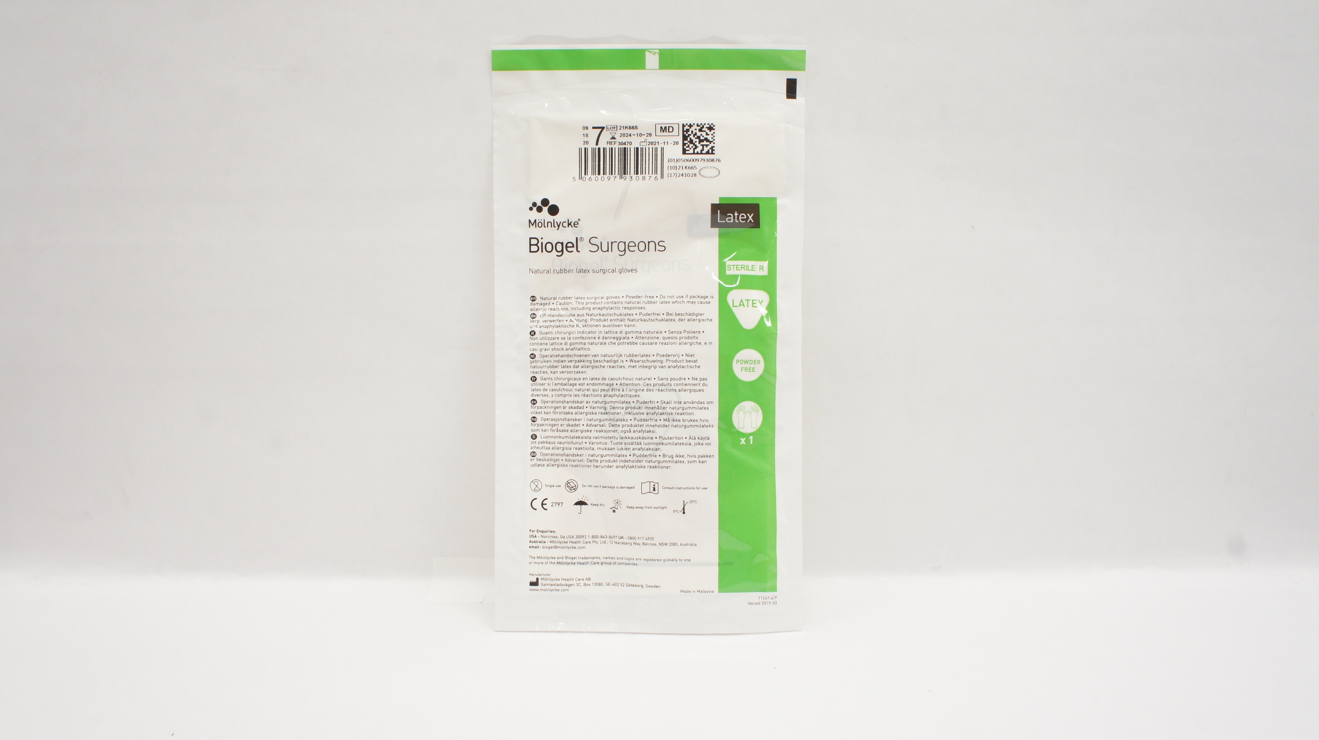Molnlycke HealthCare 30470 Biogel Surgeons Surgical Gloves Size 7