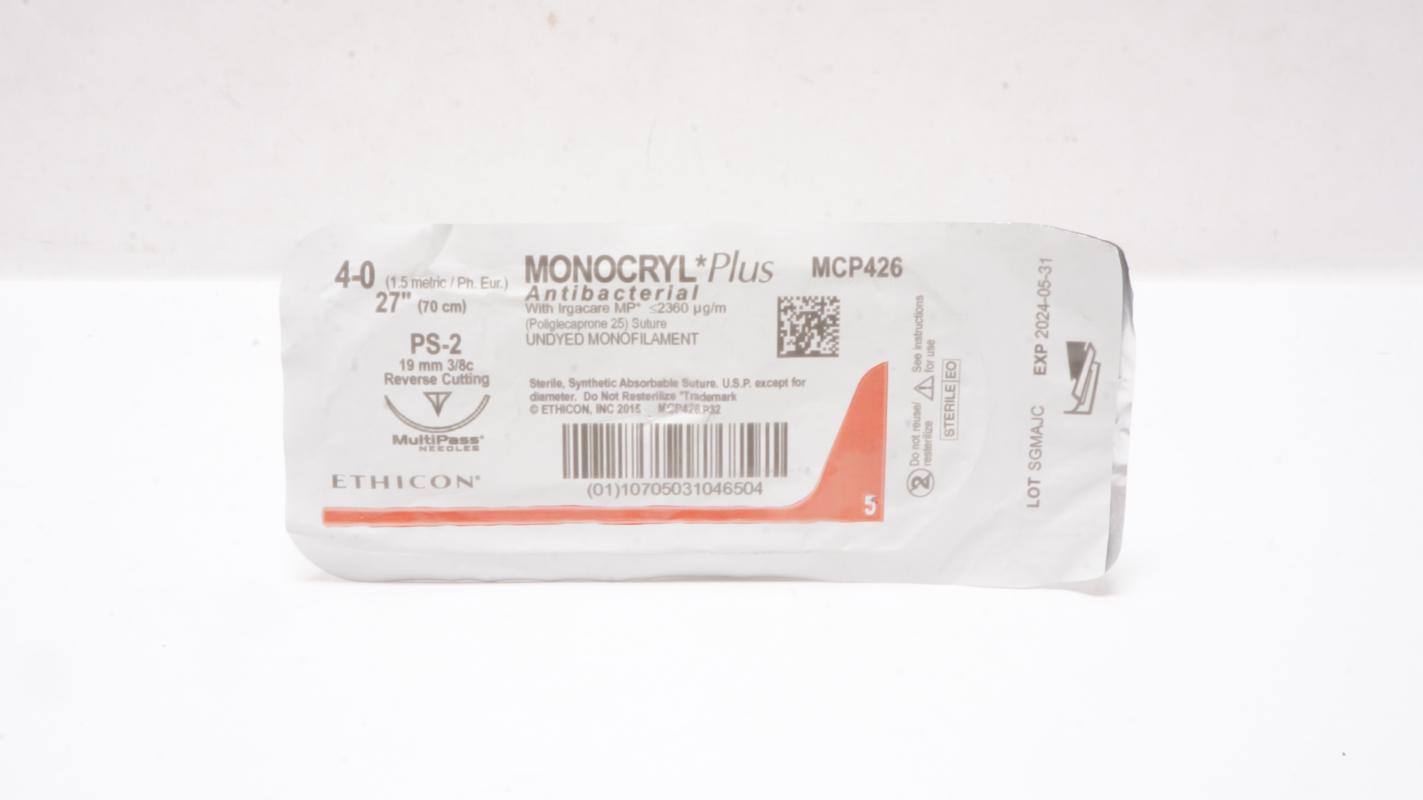 Ethicon MCP426 4-0 MONOCRYL Plus Stre PS-2 19mm 3/8c Reverse Cutting, 27inch