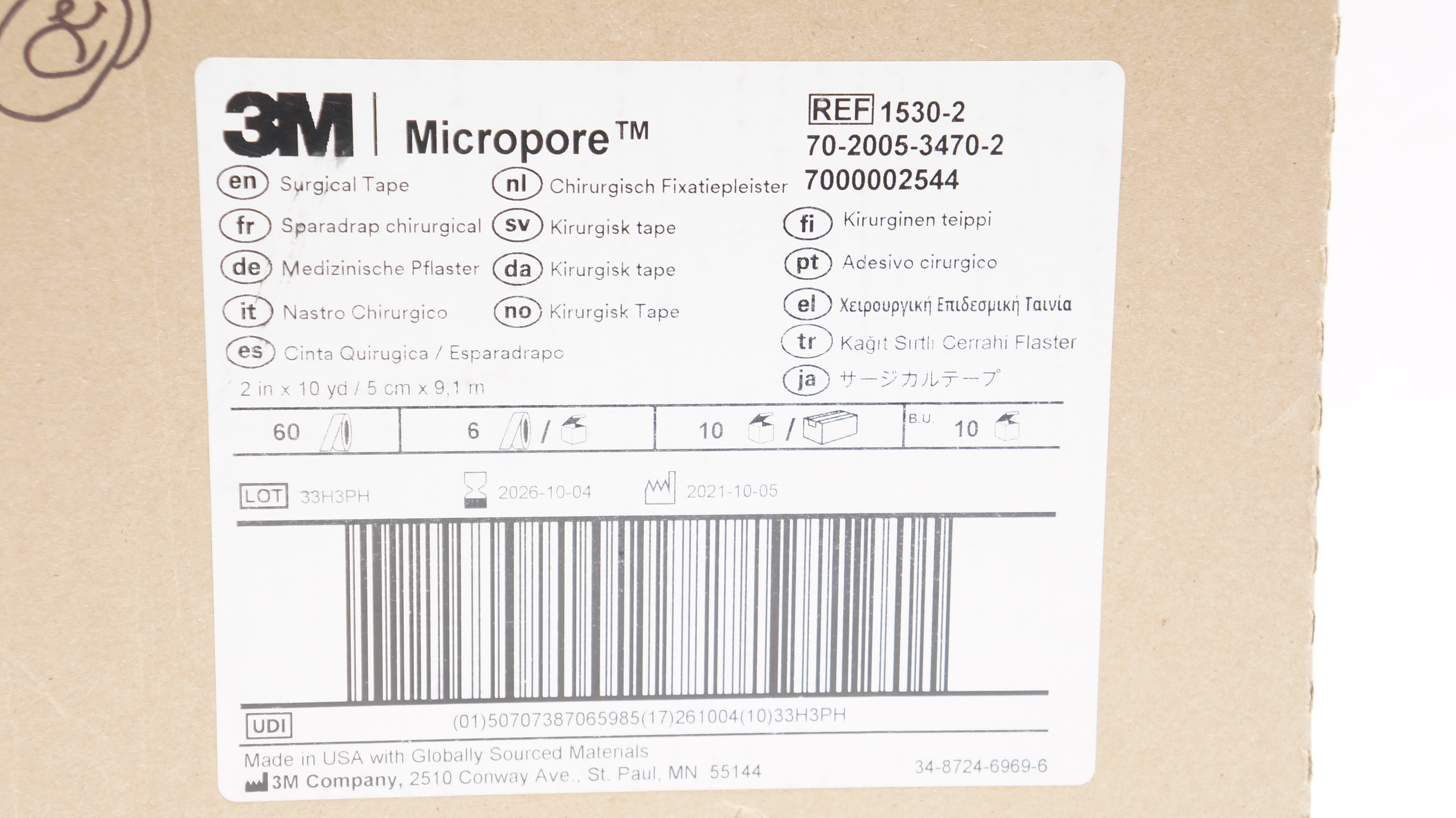 3M 1530-2 Micropore Surgical Tape 2inch x 10yd - Box of 60