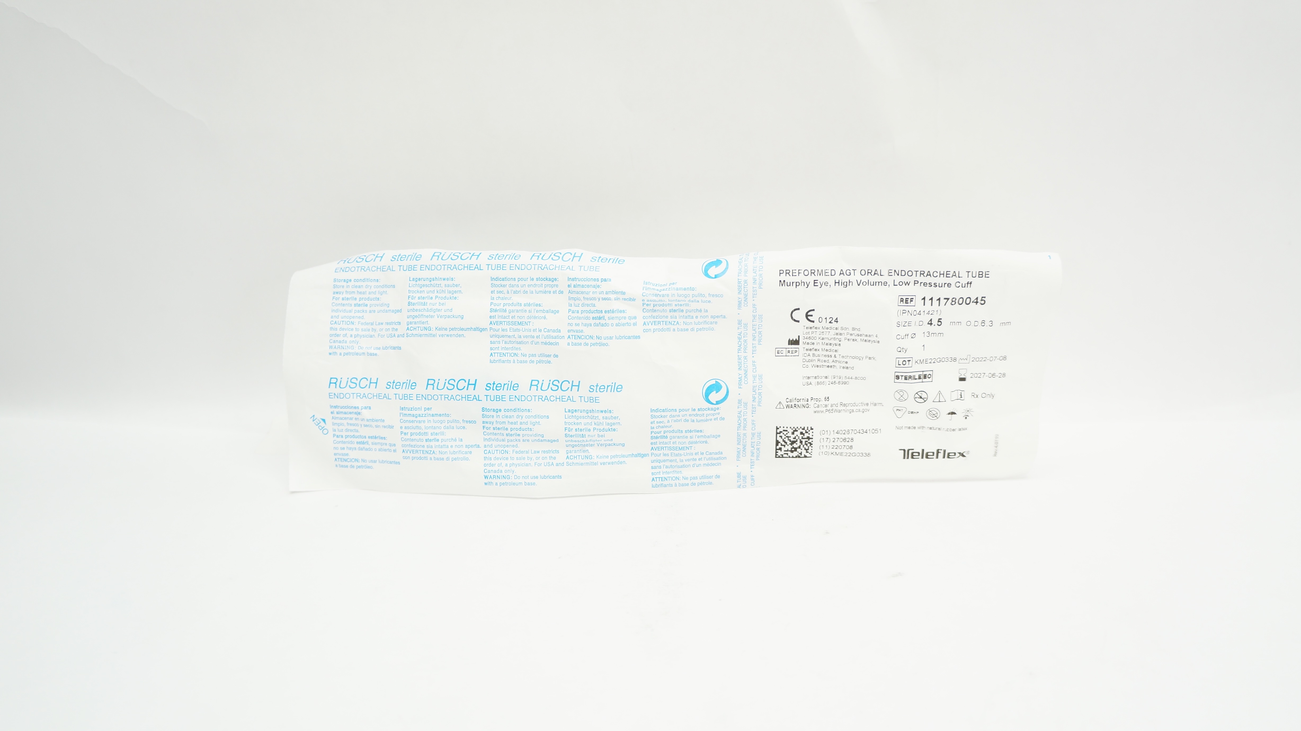 Teleflex 111780045 Preformed Agt Oral Endotracheal Tube 4.5 x 6.3 x 13.0mm