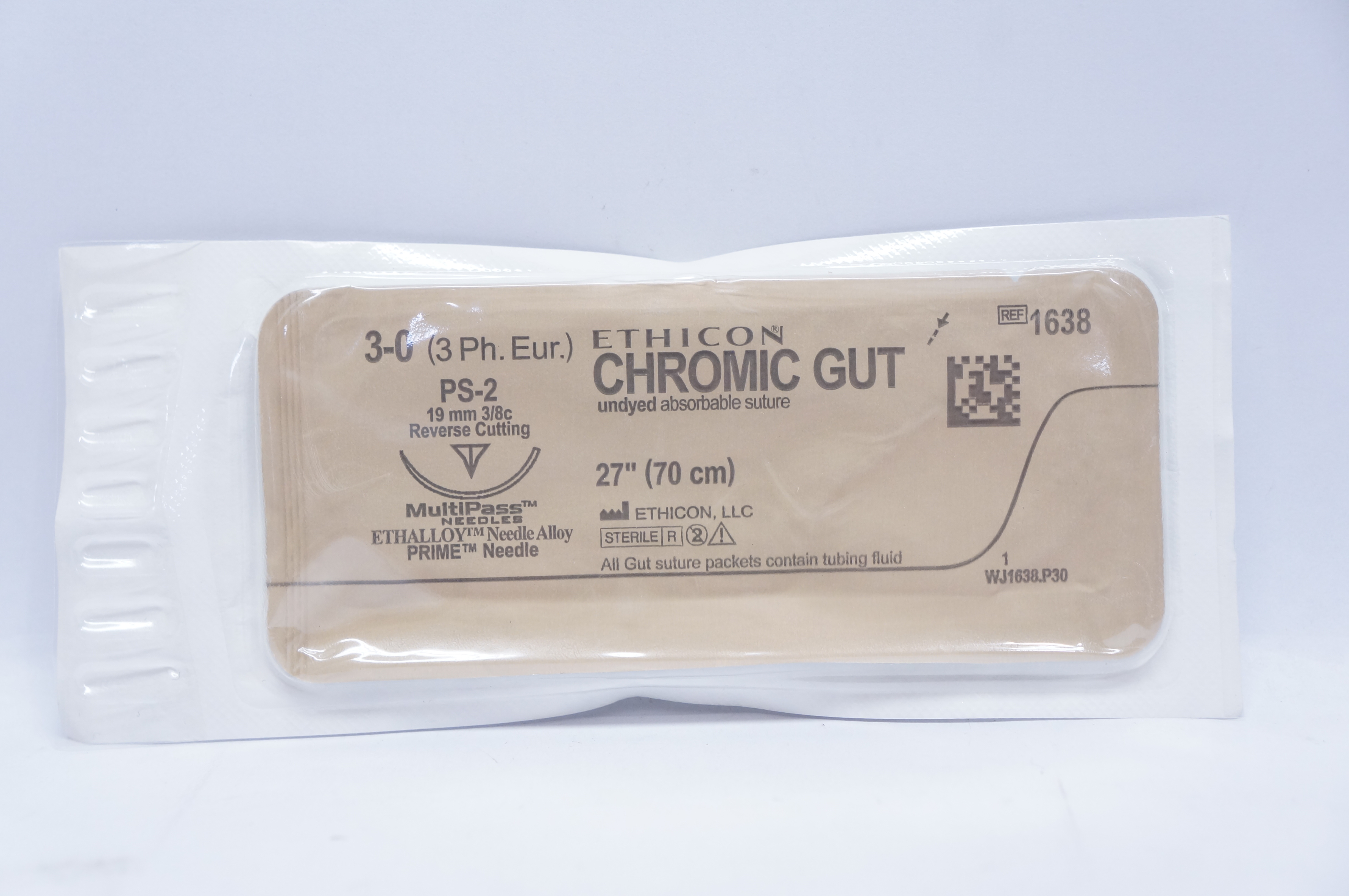 Ethicon 1638 3-0 CHROMIC GUT, PS-2, 19mm 3/8c Reverse Cutting, 27inch