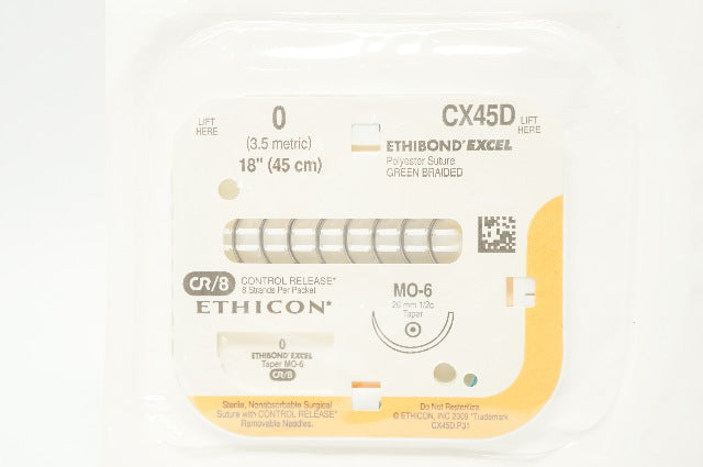 Ethicon CX45D 0 Ethibond Excel Green Braided MO-6 26mm 1/2c Taper, 18inch (x)