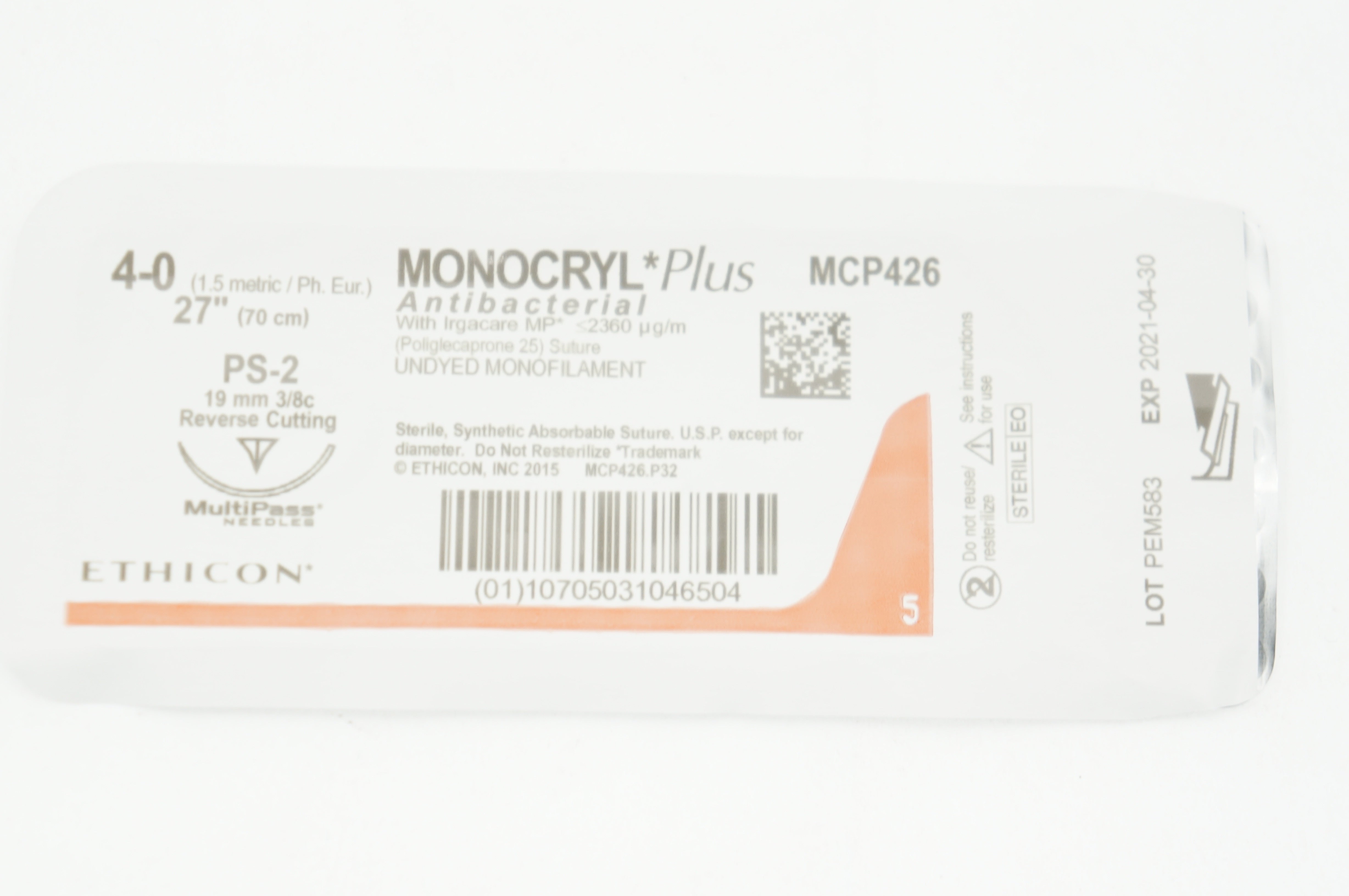 Ethicon MCP426 4-0 MONOCRYL Plus Stre PS-2 19mm 3/8c Reverse Cutting, 27inch(x)