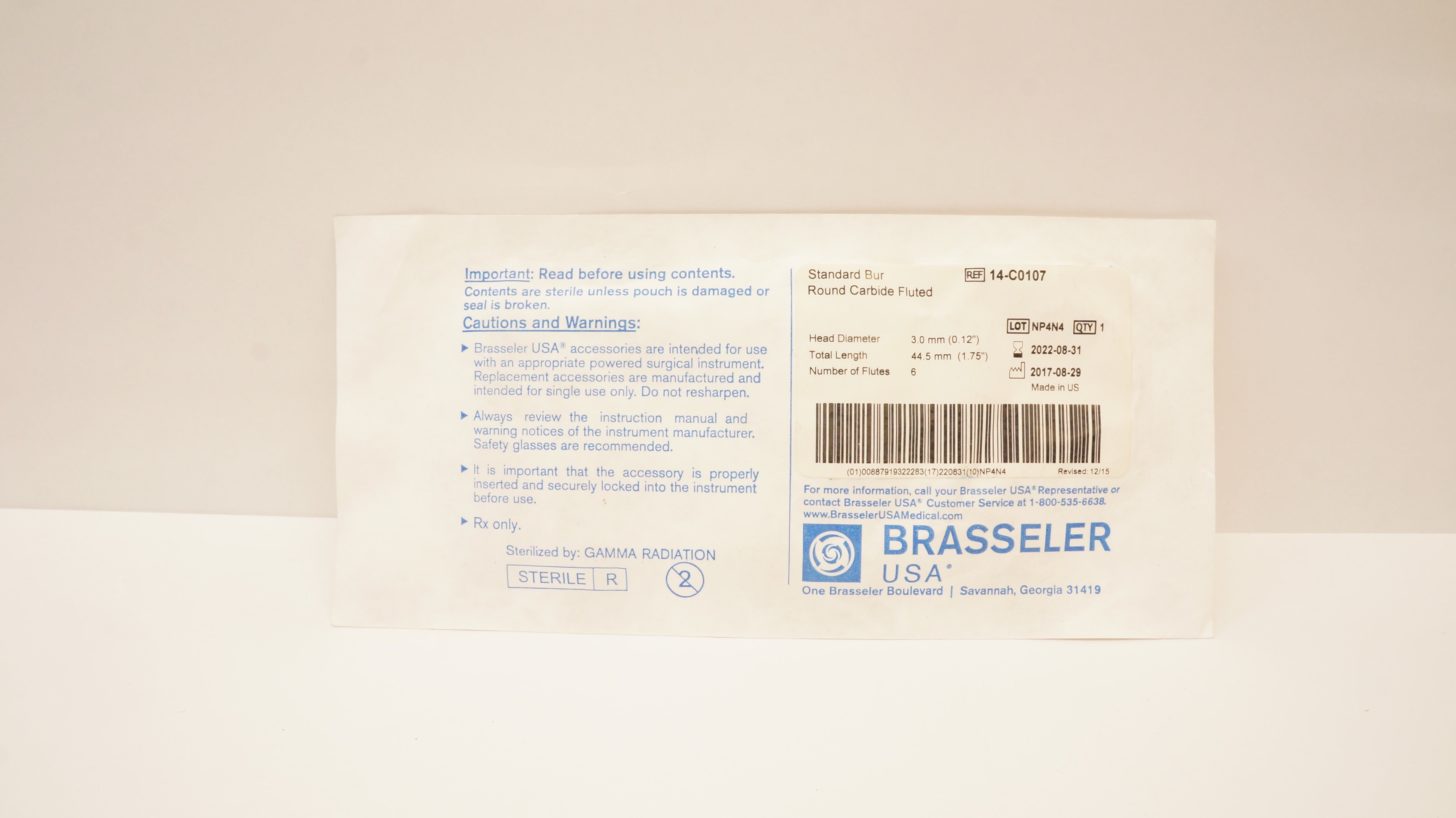 Brasseler 14-C0107 Standard Bur Round Carbide Fluted 0.12inch x 1.75inch