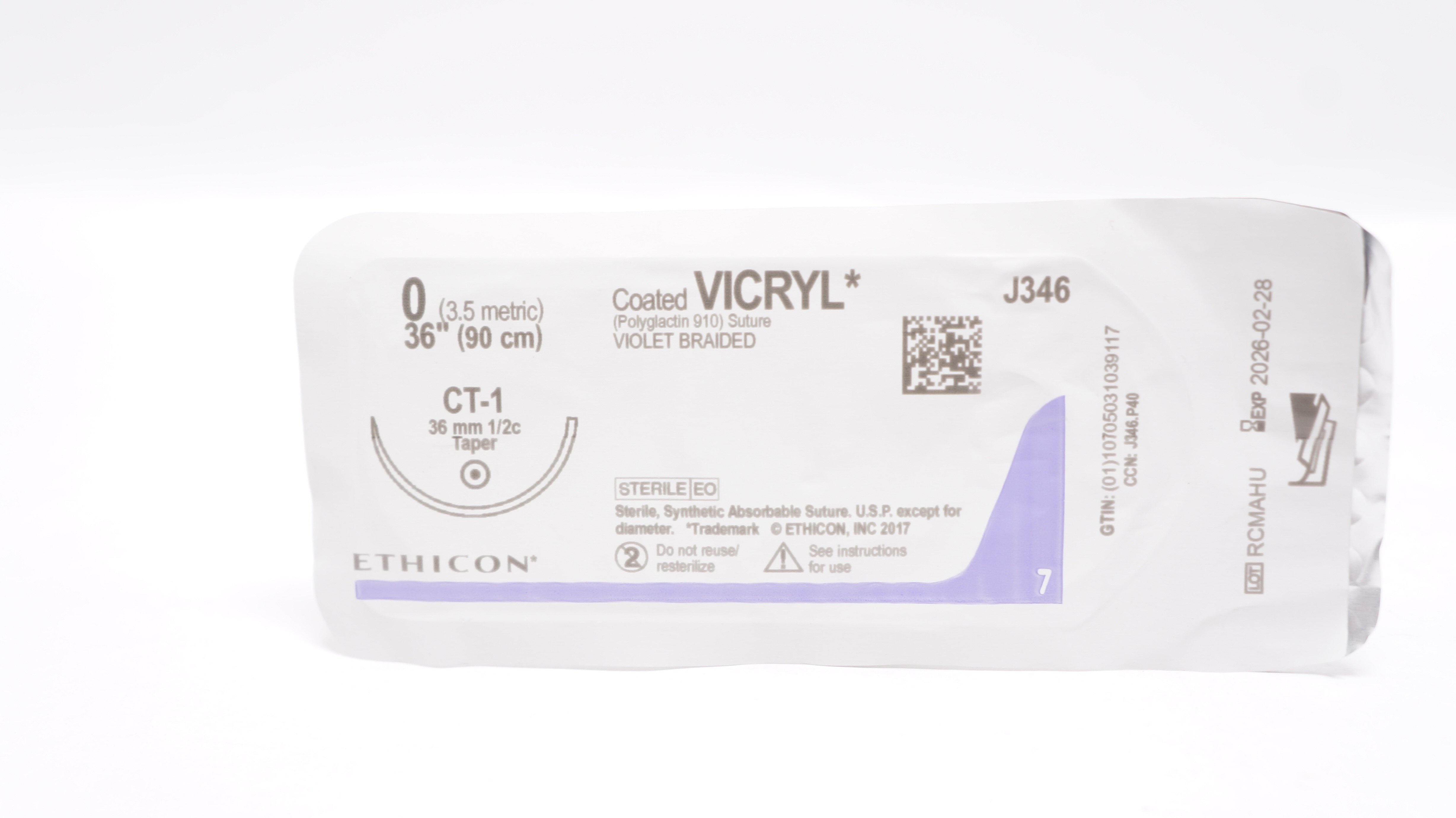 Ethicon J346 0 Coated VICRYL Stre Violet Braided CT-1 36mm 1/2c Taper, 36 inch