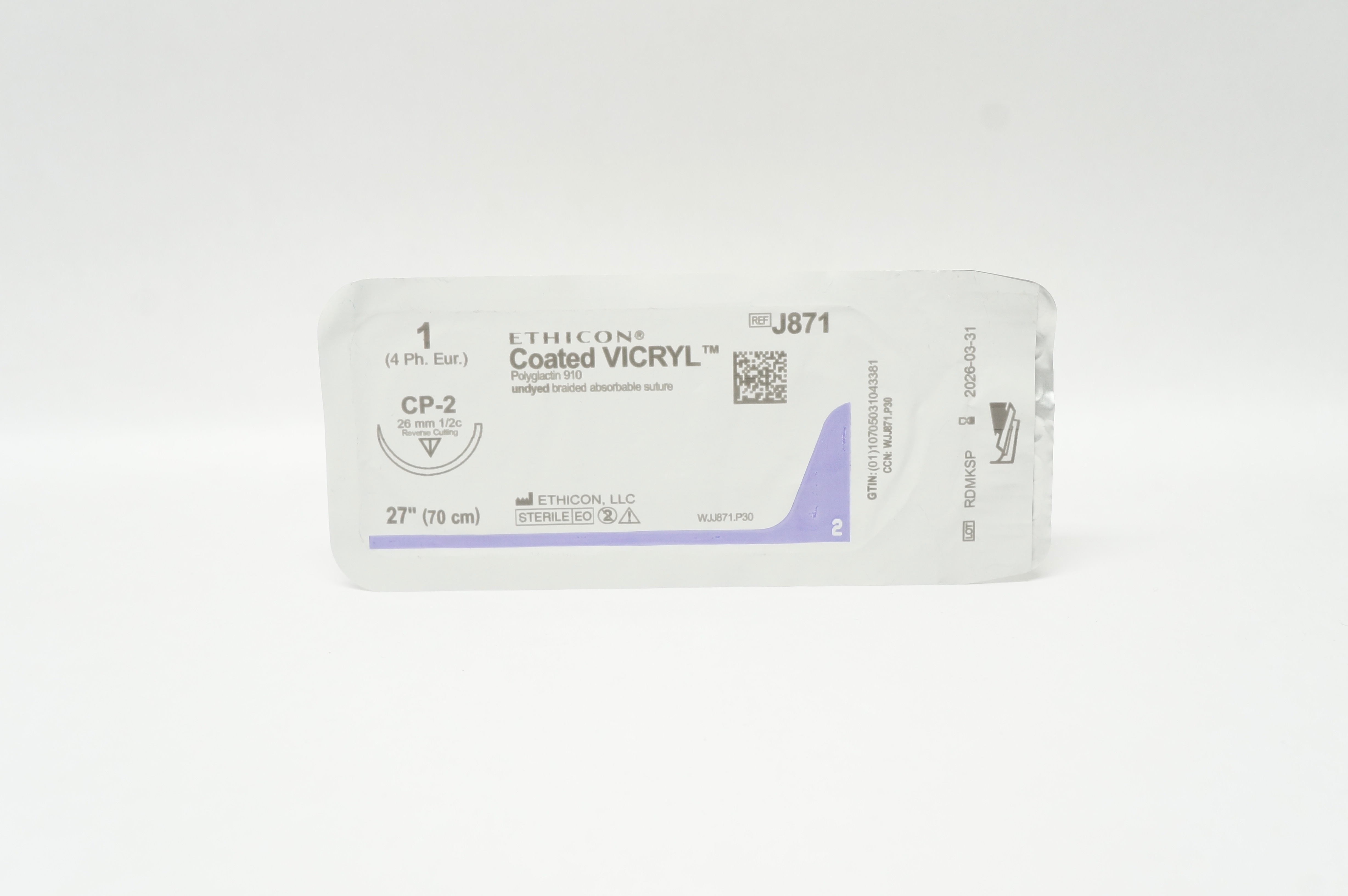 Ethicon J871 1 Coated VICRYL Stre CP-2 26mm 1/2c Reverse Cutting, 27in