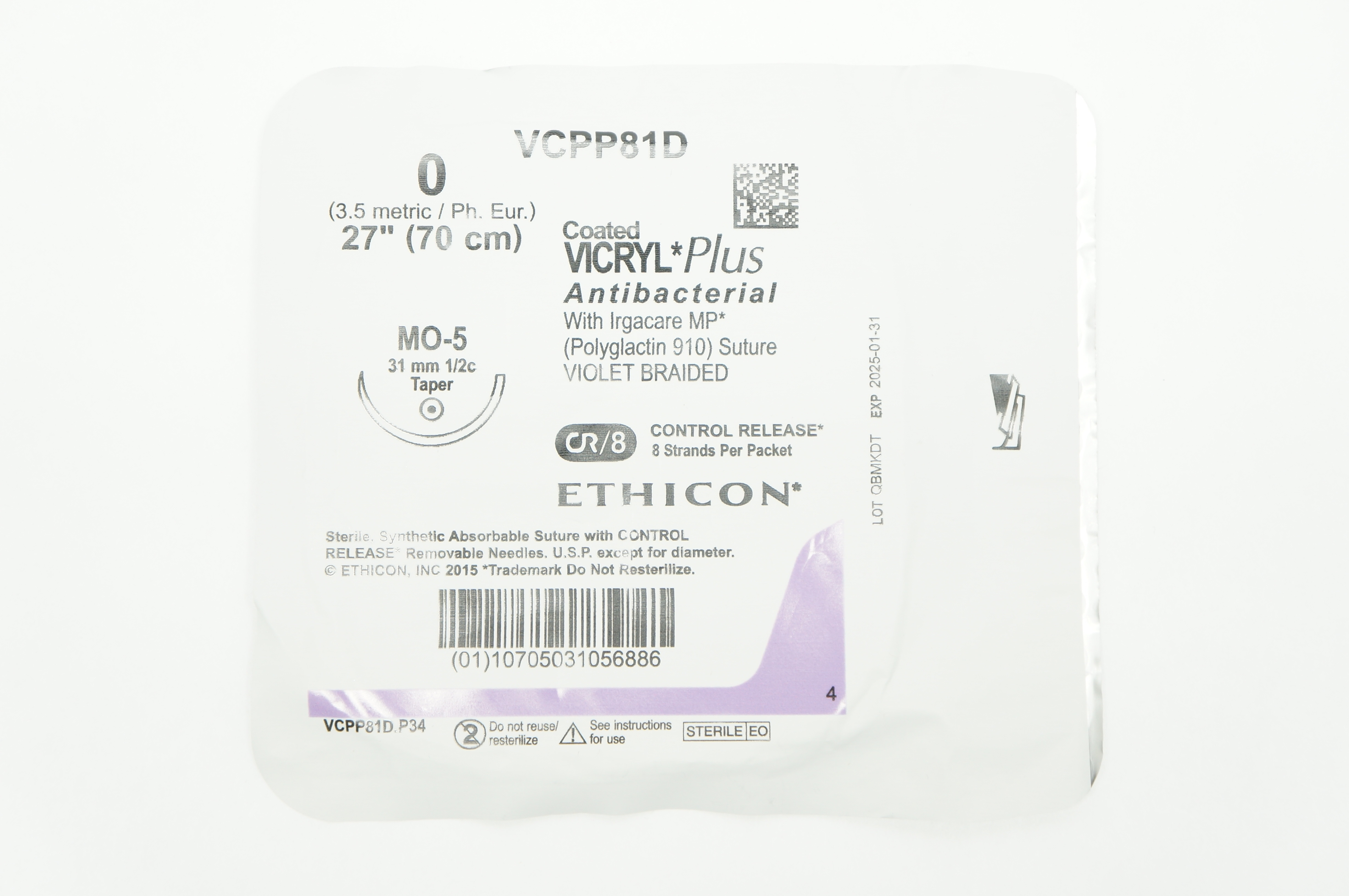 Ethicon VCPP81D 0 VICRYL Plus MO-5 31mm 1/2c Taper