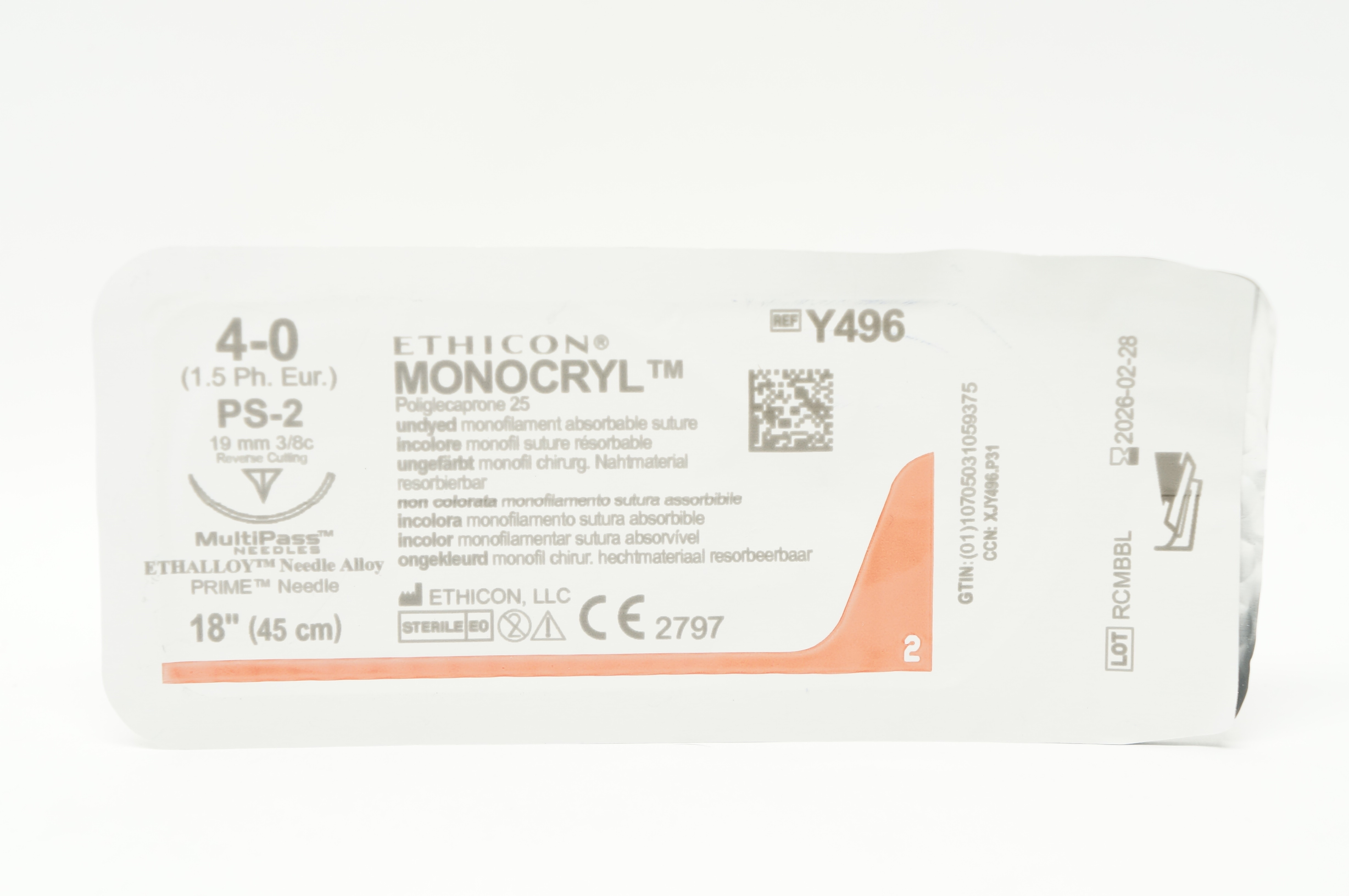 Ethicon Y496 4-0 Monocryl PS-2 19mm 3/8c Reverse Cutting, 18 inch