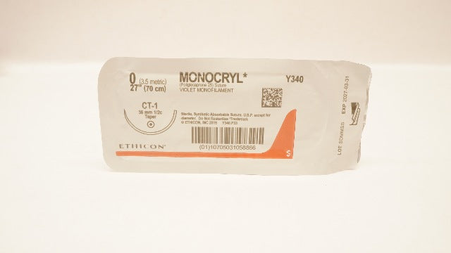 Ethicon Y340 0 MONOCRYL Violet Monofilament, CT-1 36mm 1/2c Taper, 27inch