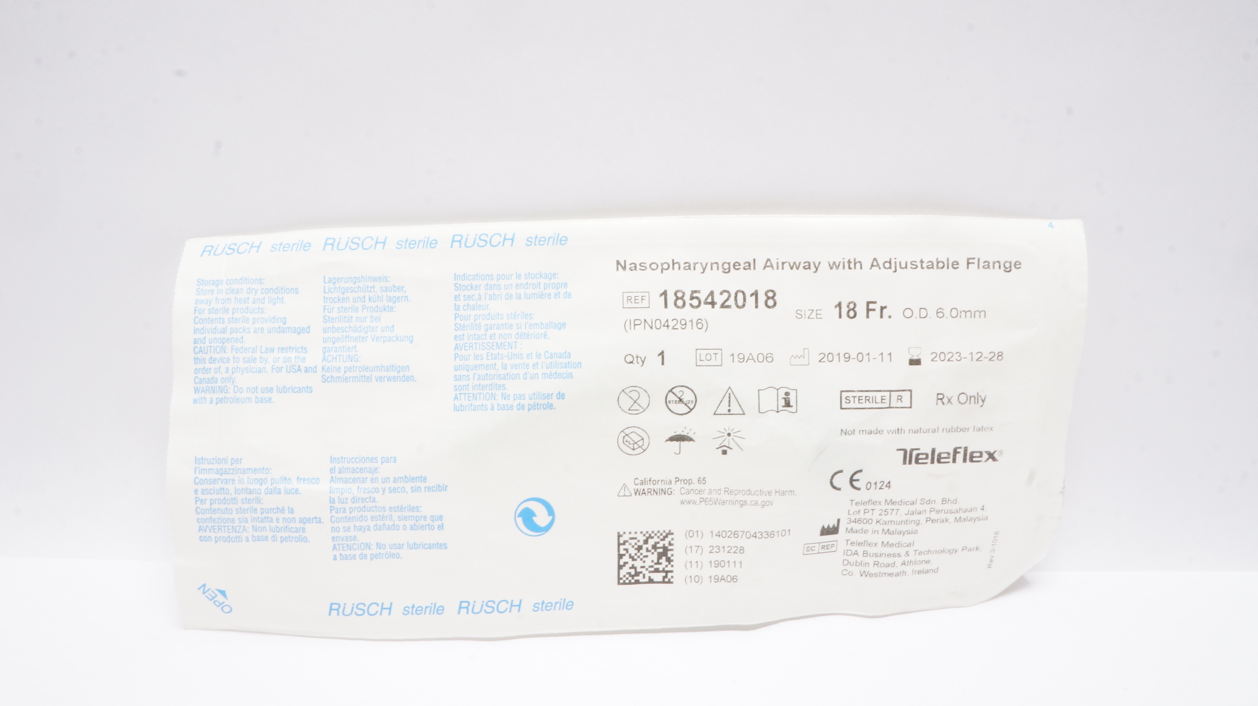Teleflex 18542018 Rusch Nasopharyngeal Airway w/Adjustable Flange 18Fr x 6.0mmOD
