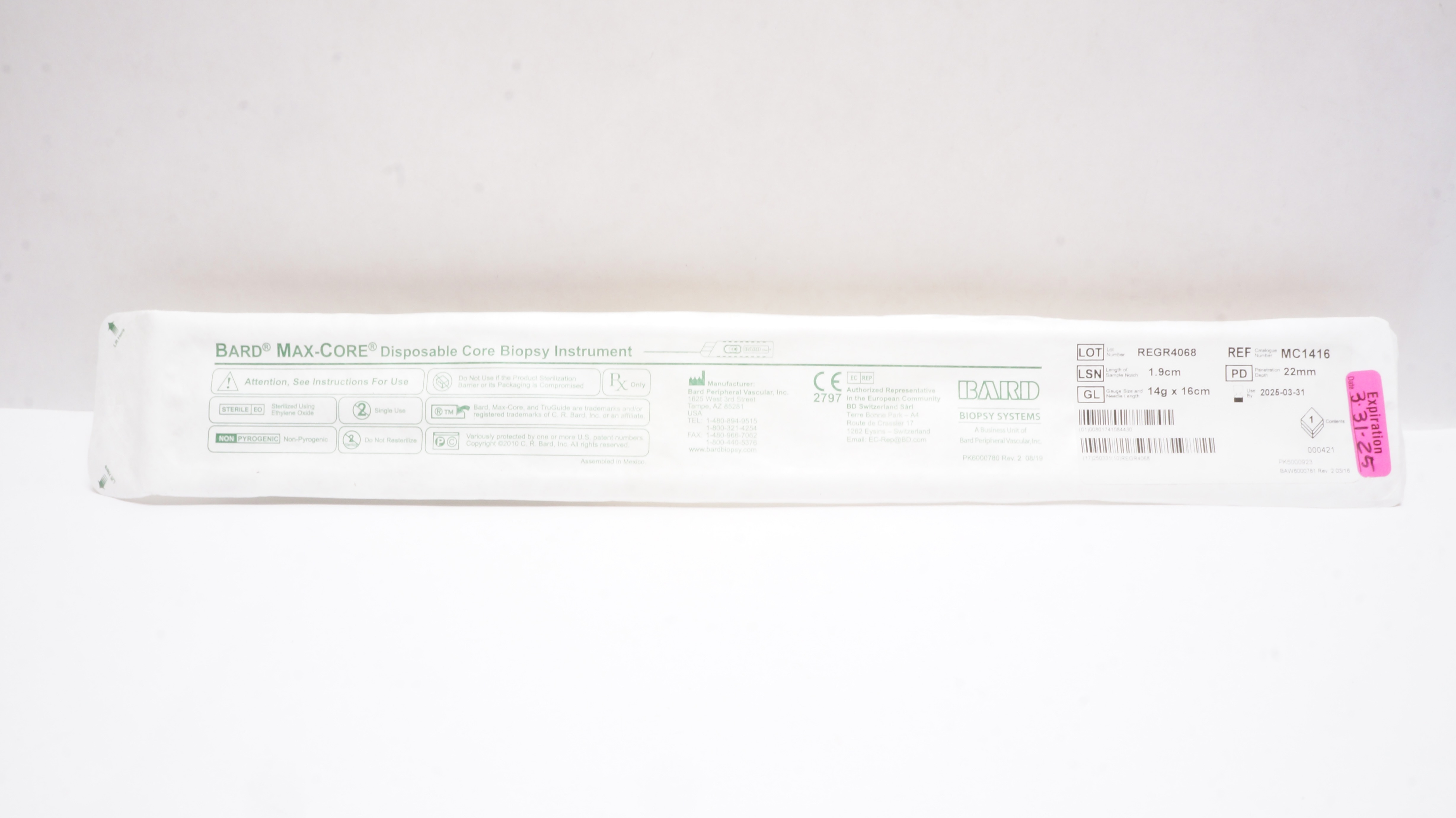 Bard MC1416 MAX-CORE Disposable Core Biopsy Instrument 14G x 16cm