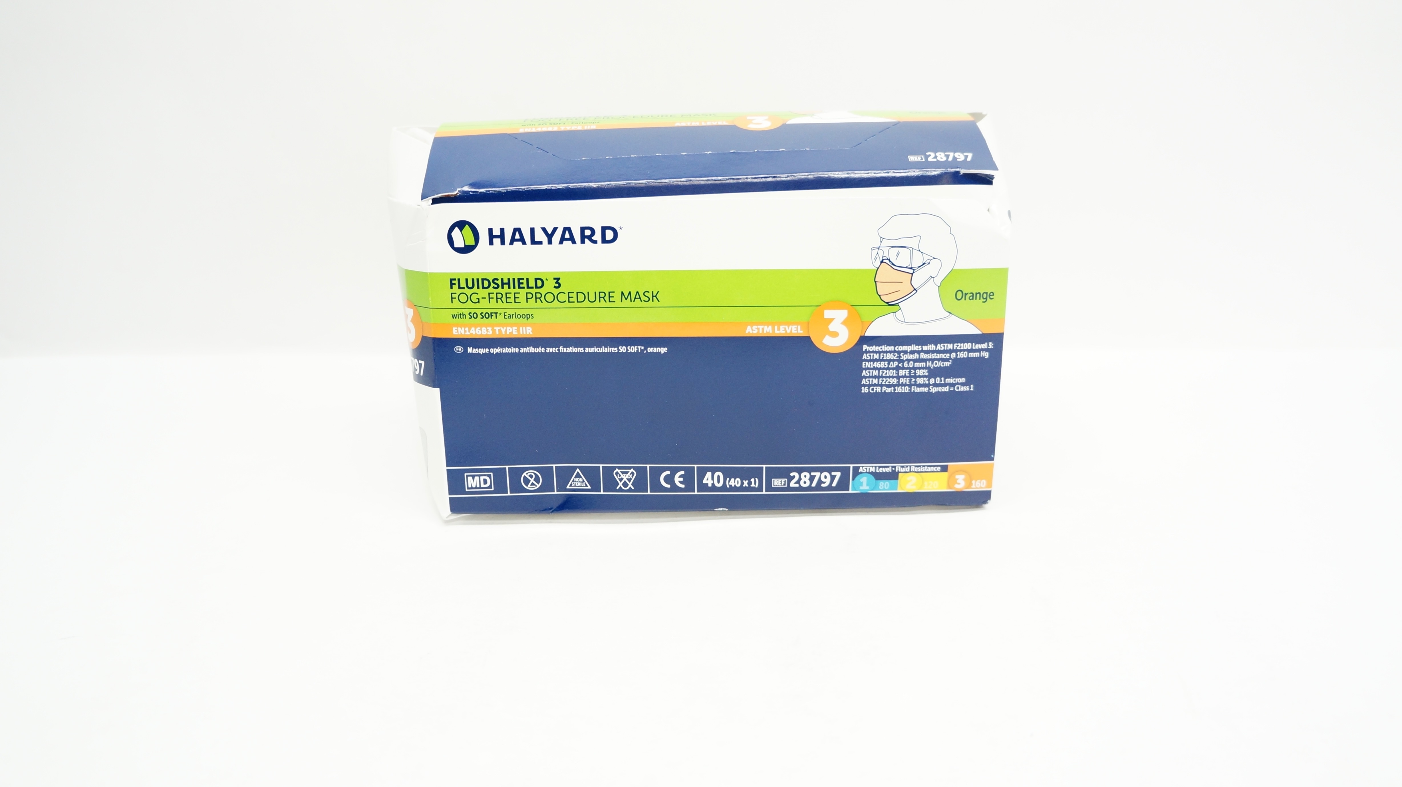 Halyard 28797 Fluidshield 3 Fog-Free Procedure Mask, Level 3, Orange - Box of 40