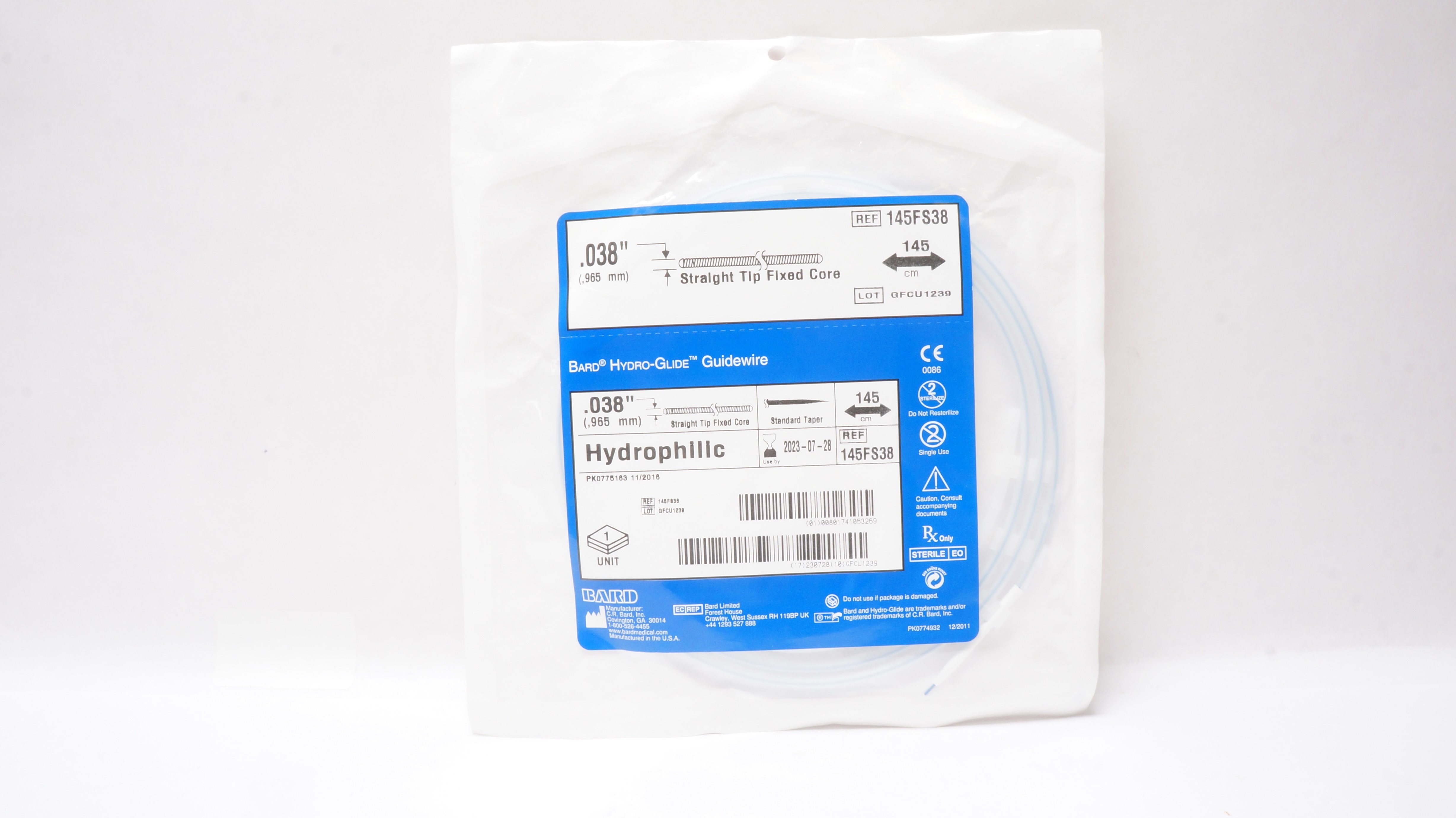 Bard 145FS38 Hydro-Glide Guidewire Straight Tip Fixed Core .038inch x 145cm