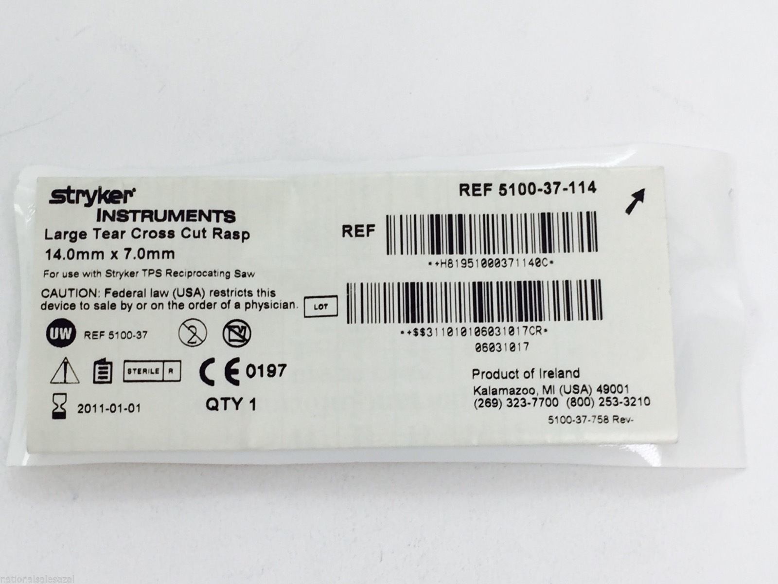 5100-37-114 ~ Stryker Large Tear Cross Cut Rasp 14.0mm x 7.0mm (x)