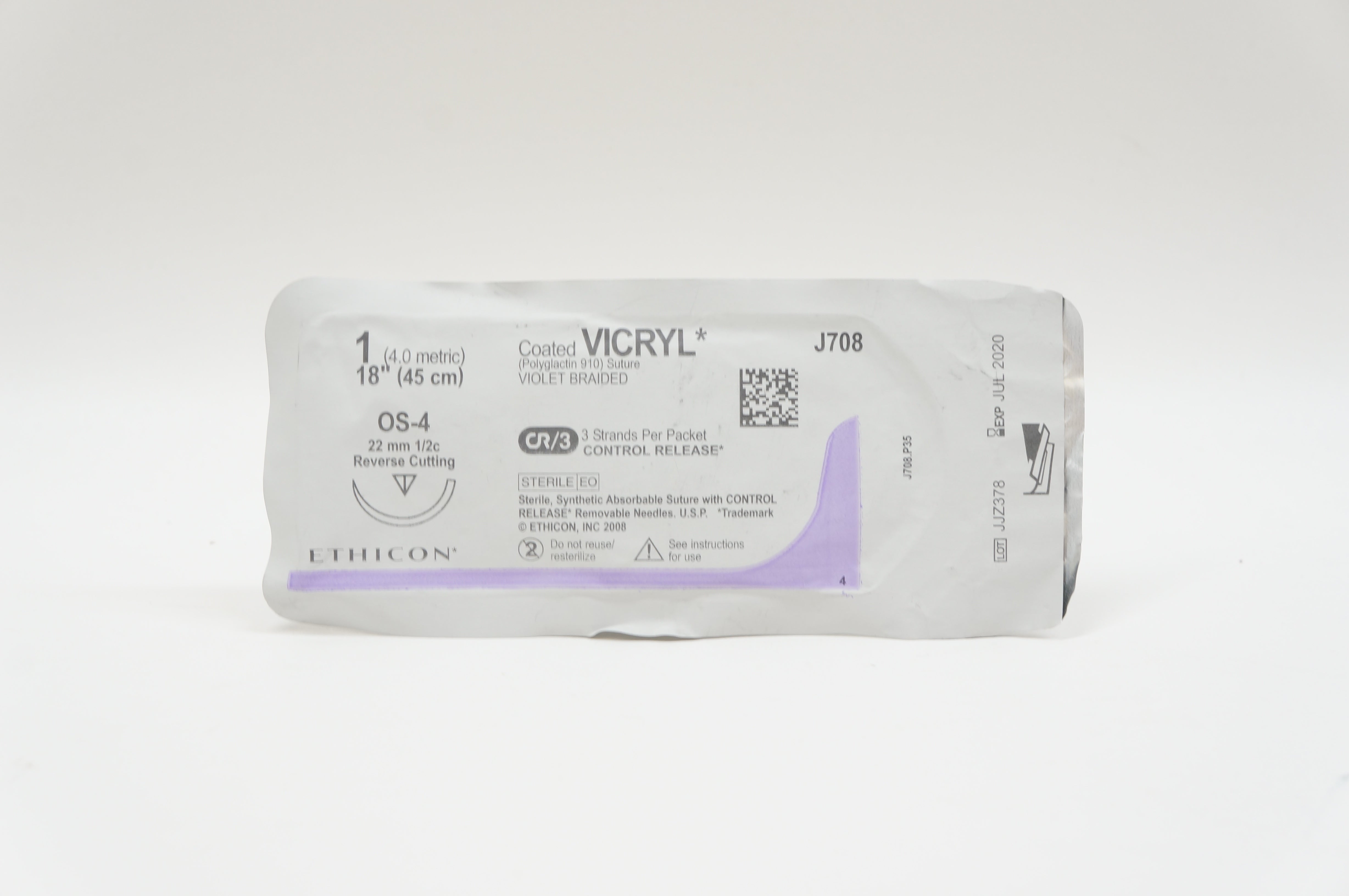 Ethicon J708 1 VICRYL, OS-4, 22mm 1/2c Reverse Cutting, 18inch (x)