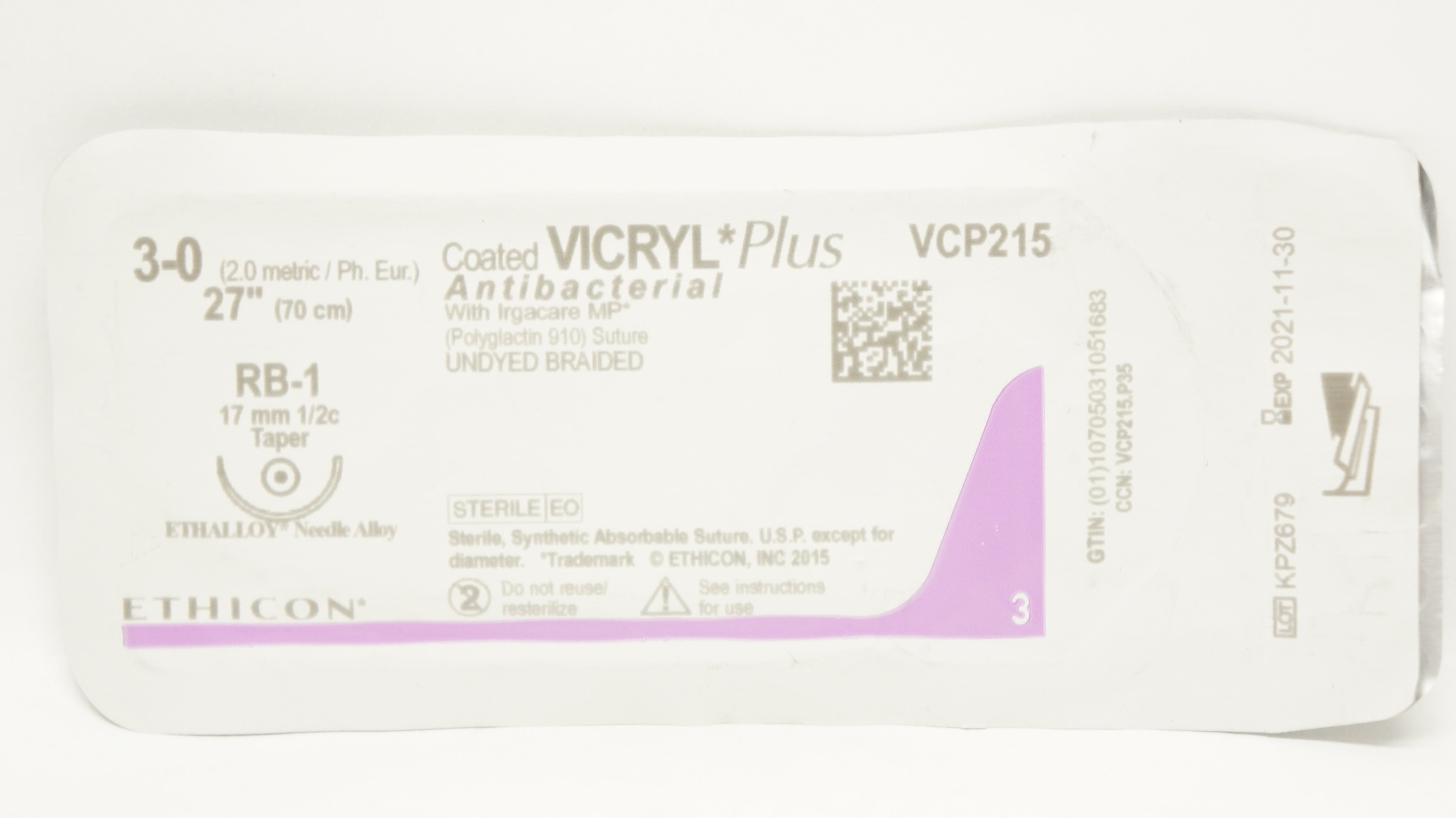 Ethicon VCP215 3-0 Coated VICRYL Plus Stre RB-1 17mm 1/2c Taper, 27inch