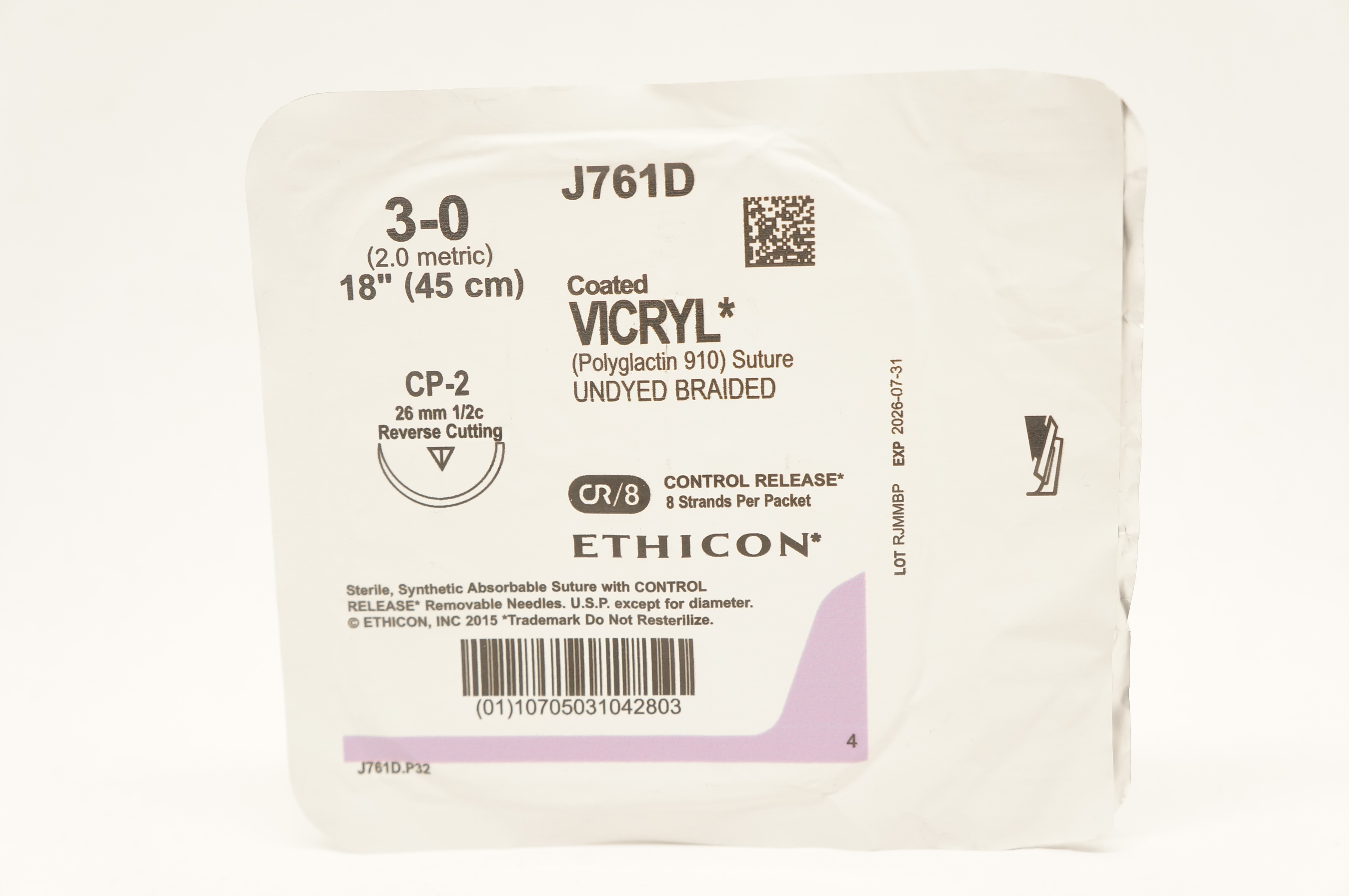 Ethicon J761D 3-0 Coated VICRYL CP-2 26mm 1/2c Reverse Cutting, 18inch